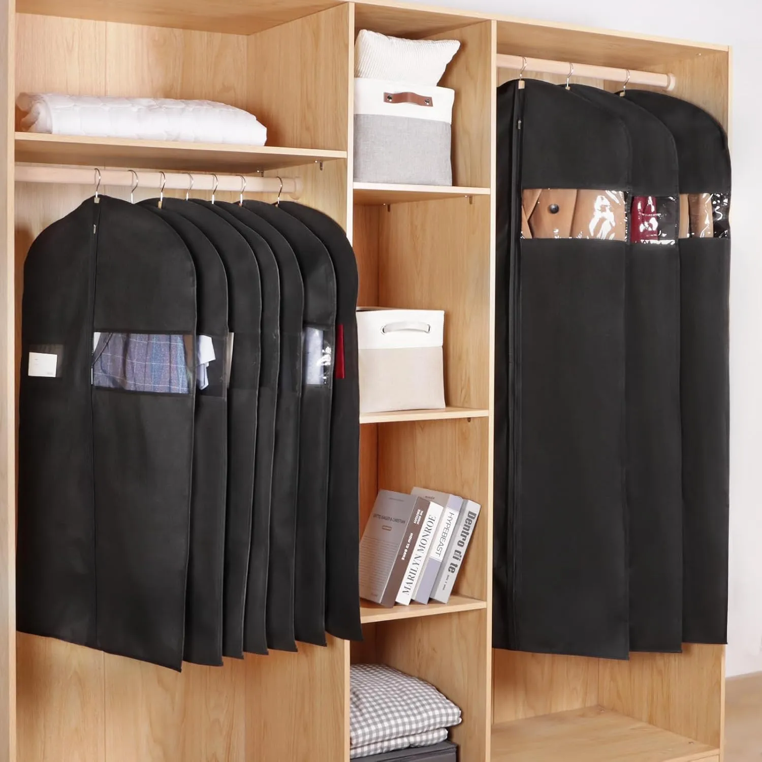 KEEGH 60'' Dress Bags for Gowns Long (Set of 10), Garment Bags for Hanging Clothes, Dress Bags for Closet Storage, Clothes Cover for Hanging Coats Dresses with Clear Window and Label Pocket, Black