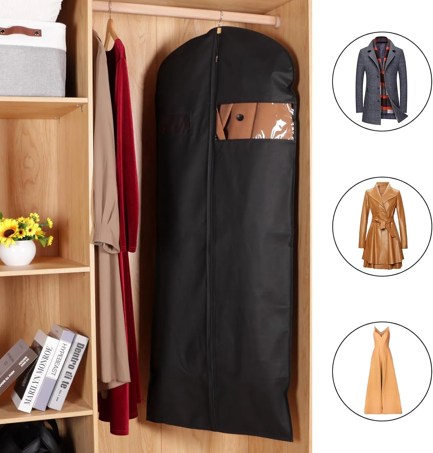 KEEGH 60'' Dress Bags for Gowns Long (Set of 10), Garment Bags for Hanging Clothes, Dress Bags for Closet Storage, Clothes Cover for Hanging Coats Dresses with Clear Window and Label Pocket, Black