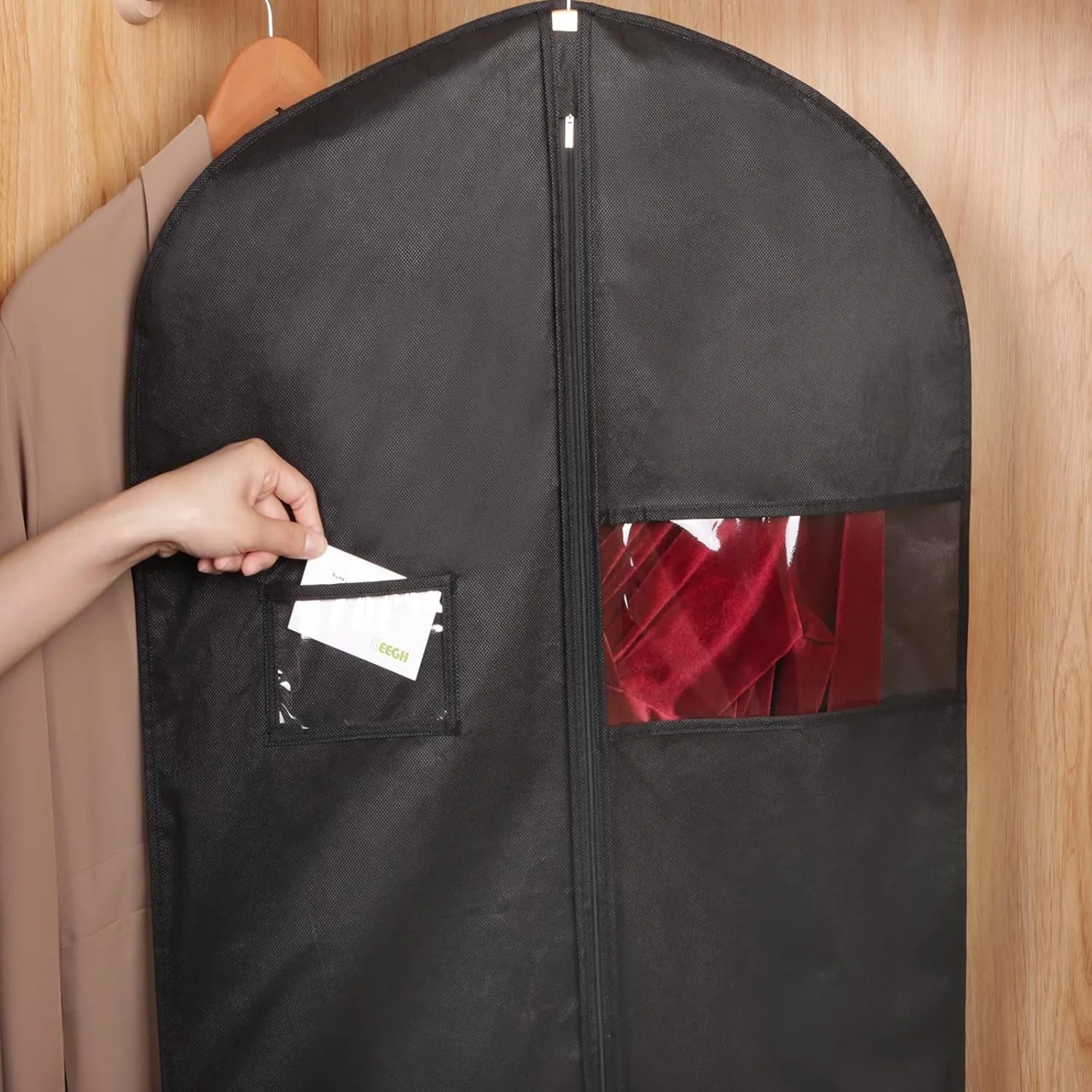KEEGH 60'' Dress Bags for Gowns Long (Set of 10), Garment Bags for Hanging Clothes, Dress Bags for Closet Storage, Clothes Cover for Hanging Coats Dresses with Clear Window and Label Pocket, Black