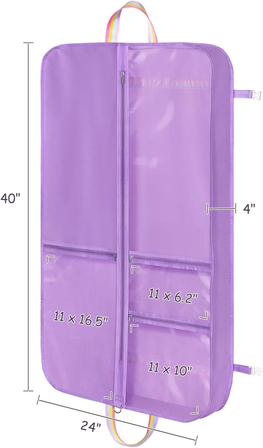 KEEGH Garment Bags for Dance Costumes 40 Inch, Kids Dance Costume Bag for Dancers with 3 Zipper Pockets, Transparent Window, Zipper Closure, Purple