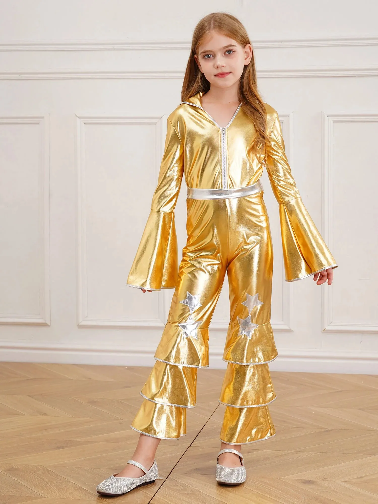 Kids 90s Disco Rock Star Costume Metallic Ruffled Jumpsuit with Bell Sleeves