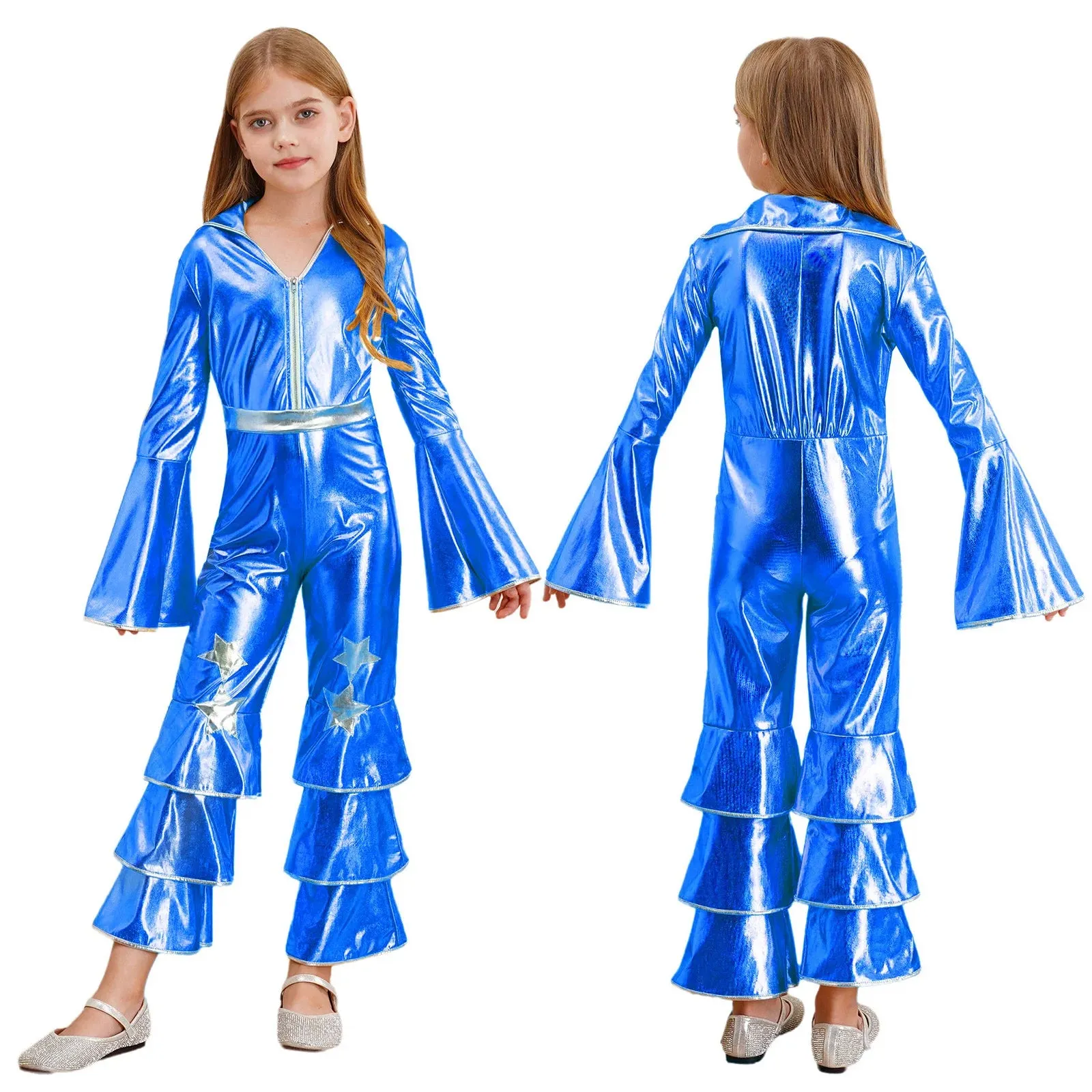 Kids 90s Disco Rock Star Costume Metallic Ruffled Jumpsuit with Bell Sleeves