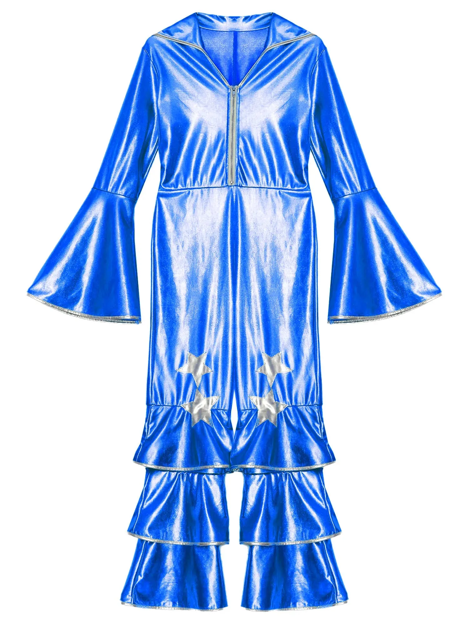 Kids 90s Disco Rock Star Costume Metallic Ruffled Jumpsuit with Bell Sleeves