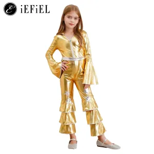 Kids 90s Disco Rock Star Costume Metallic Ruffled Jumpsuit with Bell Sleeves