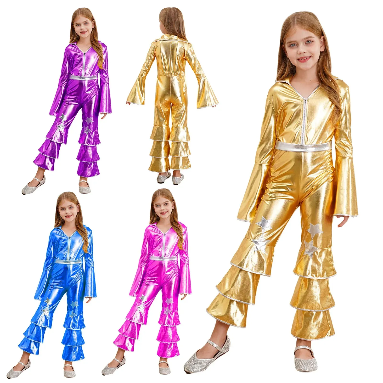 Kids 90s Disco Rock Star Costume Metallic Ruffled Jumpsuit with Bell Sleeves