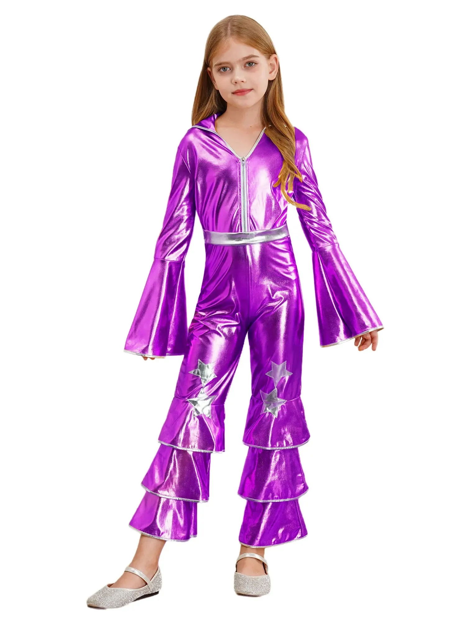 Kids 90s Disco Rock Star Costume Metallic Ruffled Jumpsuit with Bell Sleeves