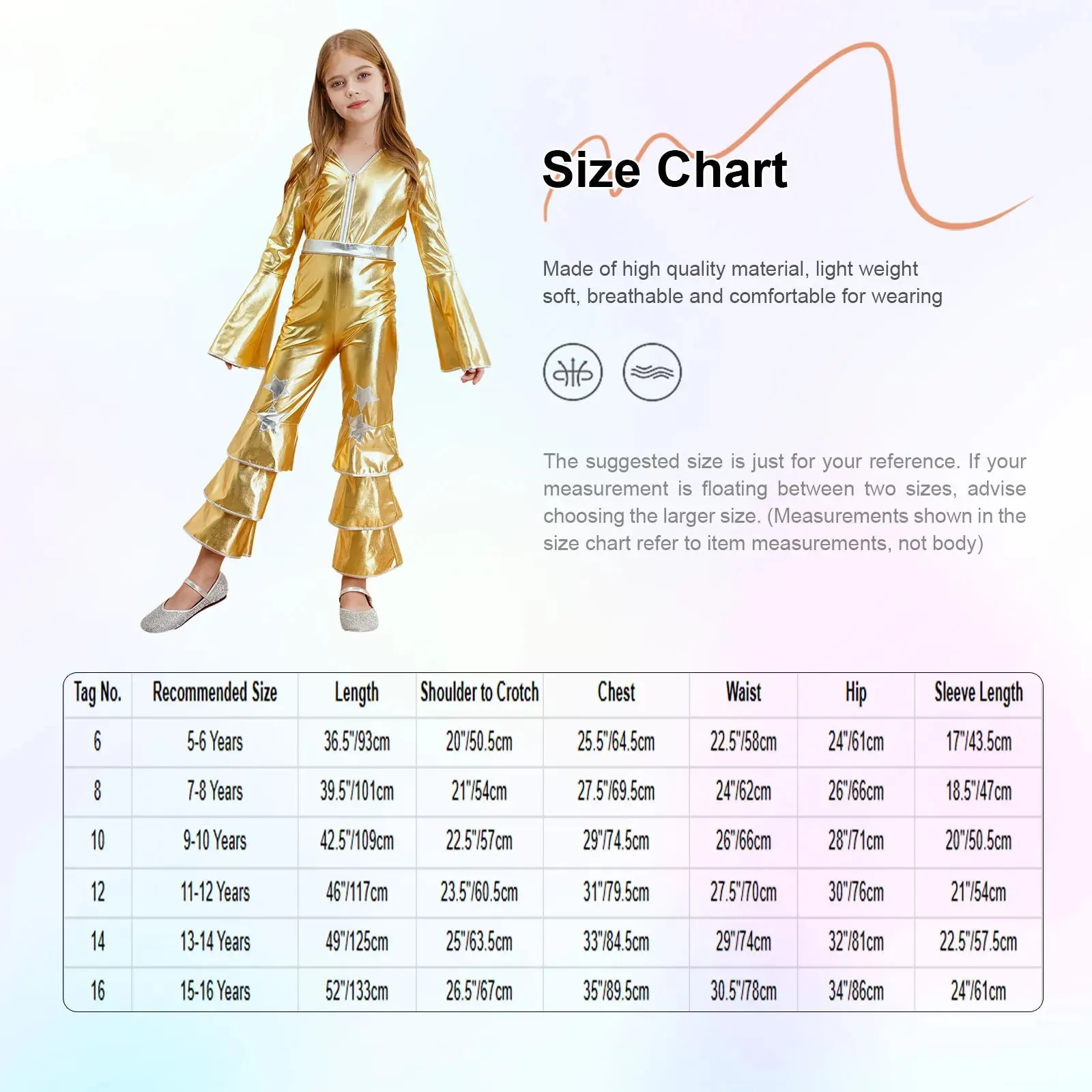 Kids 90s Disco Rock Star Costume Metallic Ruffled Jumpsuit with Bell Sleeves