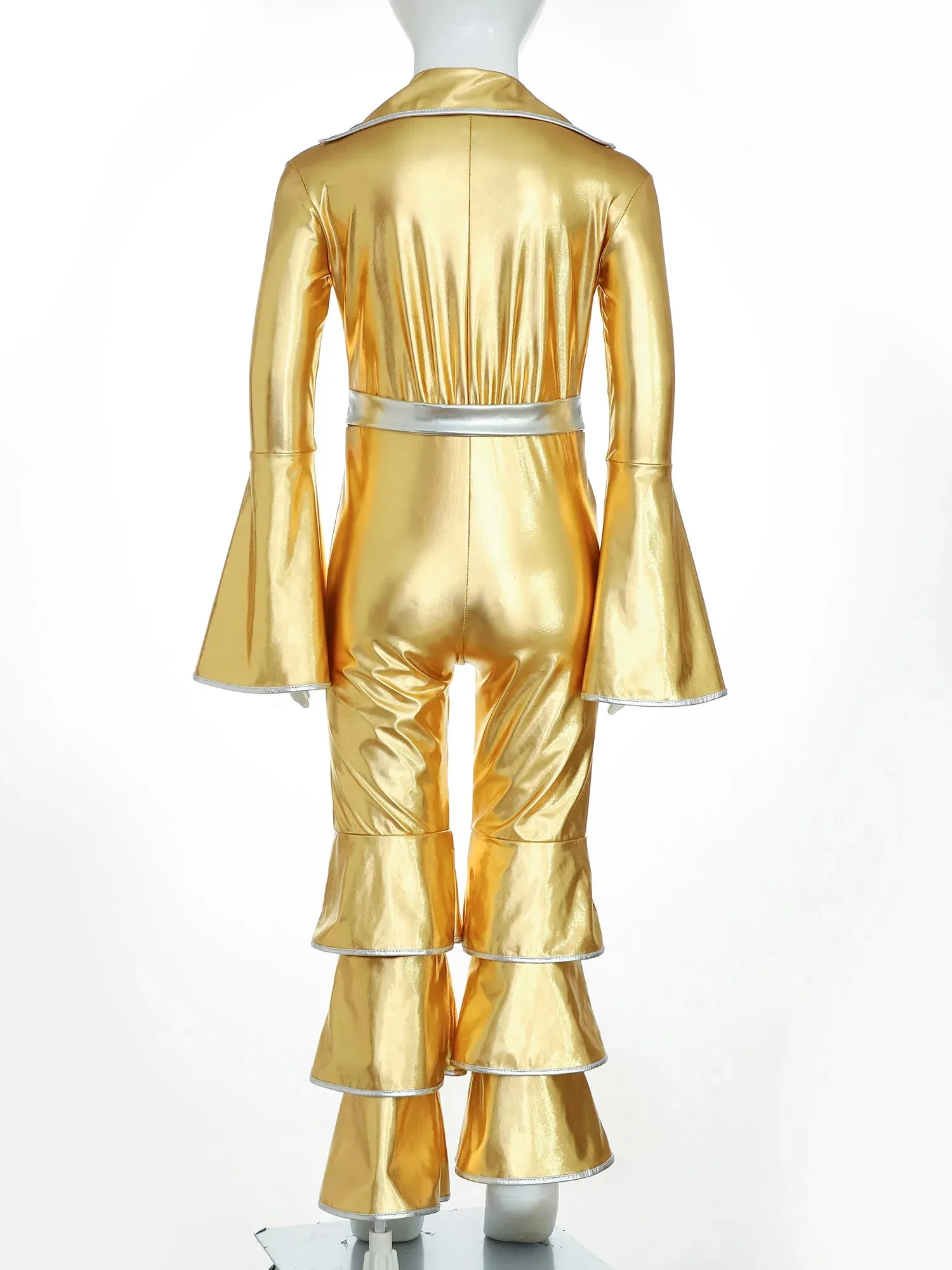 Kids 90s Disco Rock Star Costume Metallic Ruffled Jumpsuit with Bell Sleeves