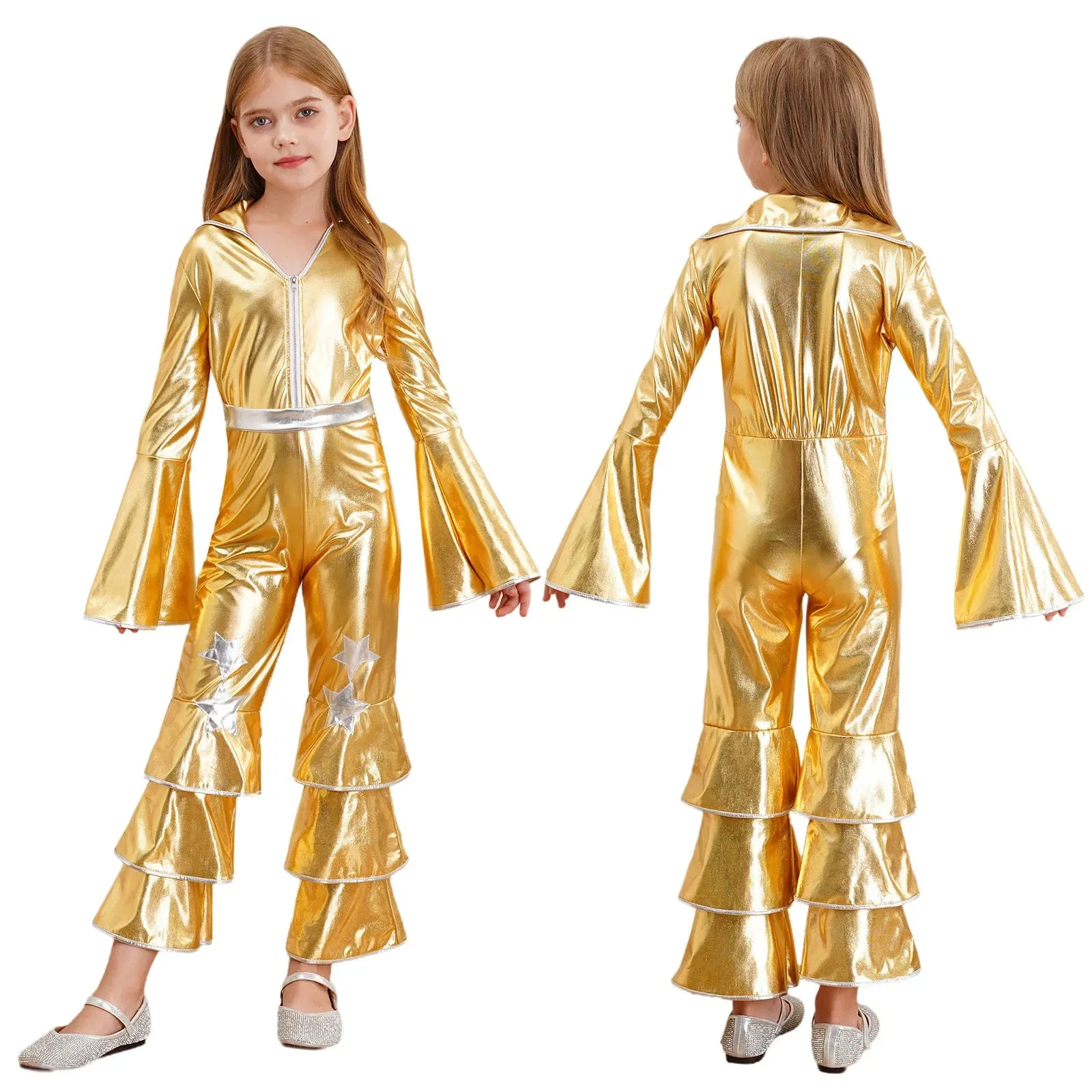 Kids 90s Disco Rock Star Costume Metallic Ruffled Jumpsuit with Bell Sleeves