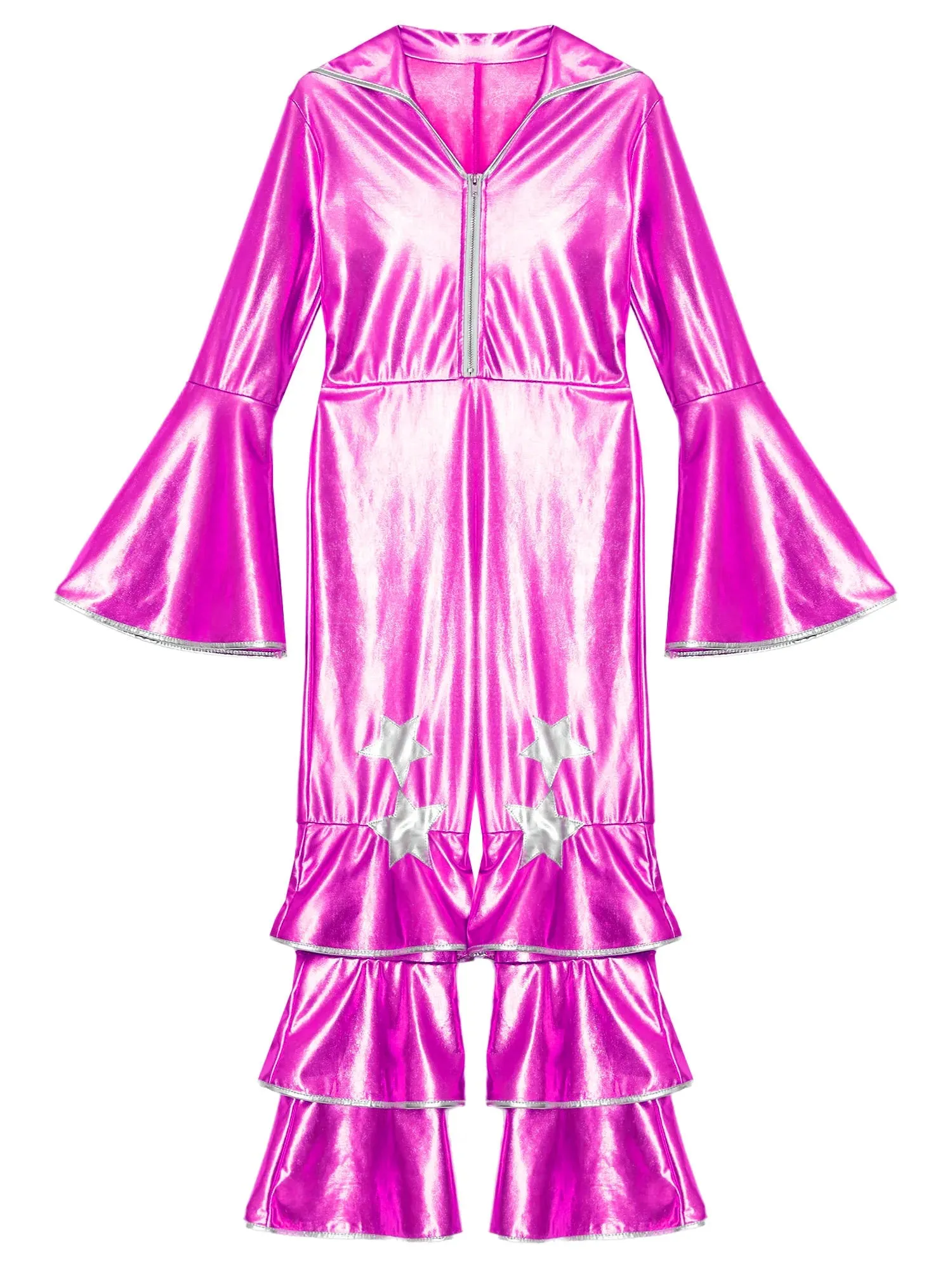 Kids 90s Disco Rock Star Costume Metallic Ruffled Jumpsuit with Bell Sleeves