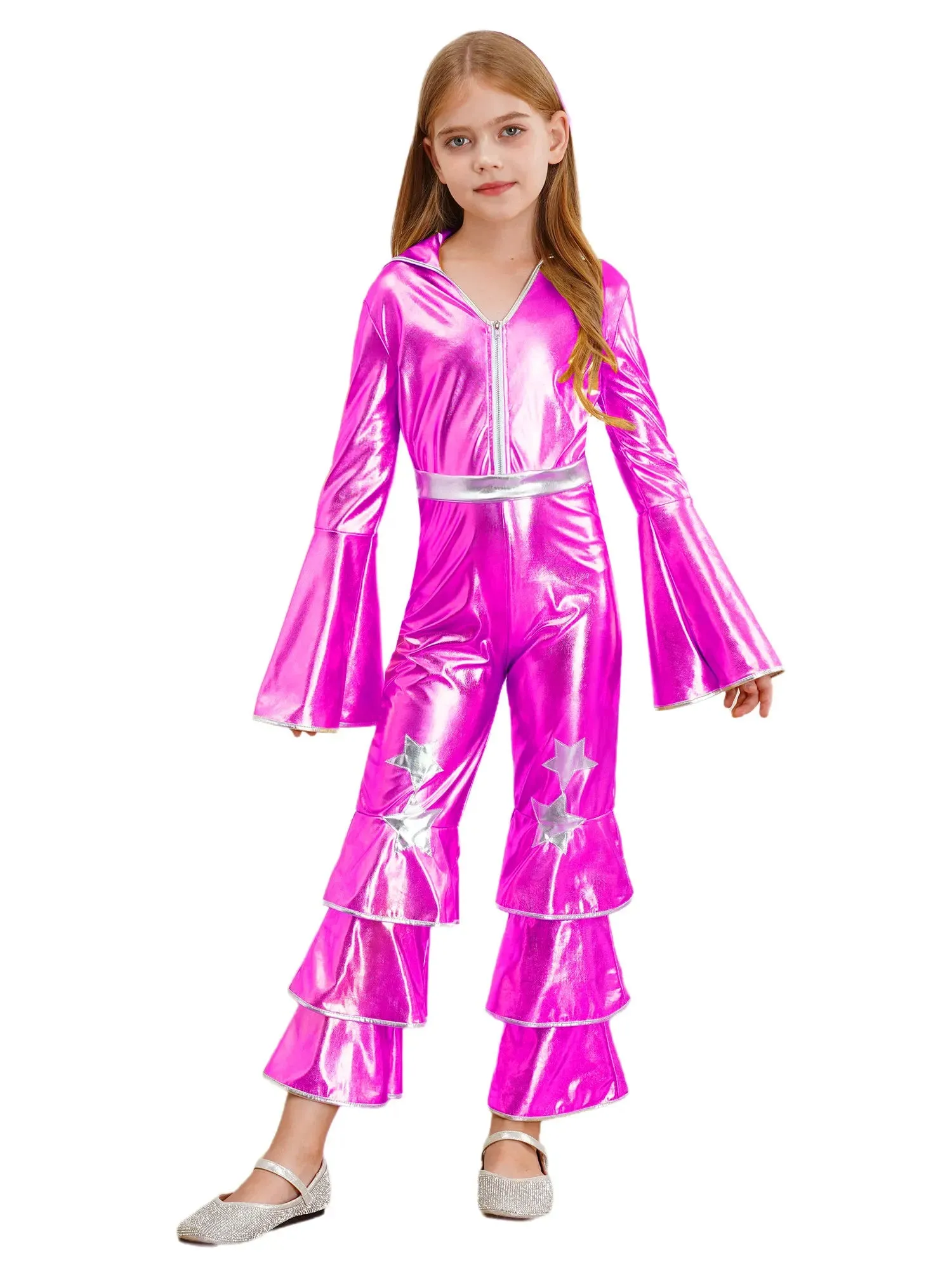 Kids 90s Disco Rock Star Costume Metallic Ruffled Jumpsuit with Bell Sleeves