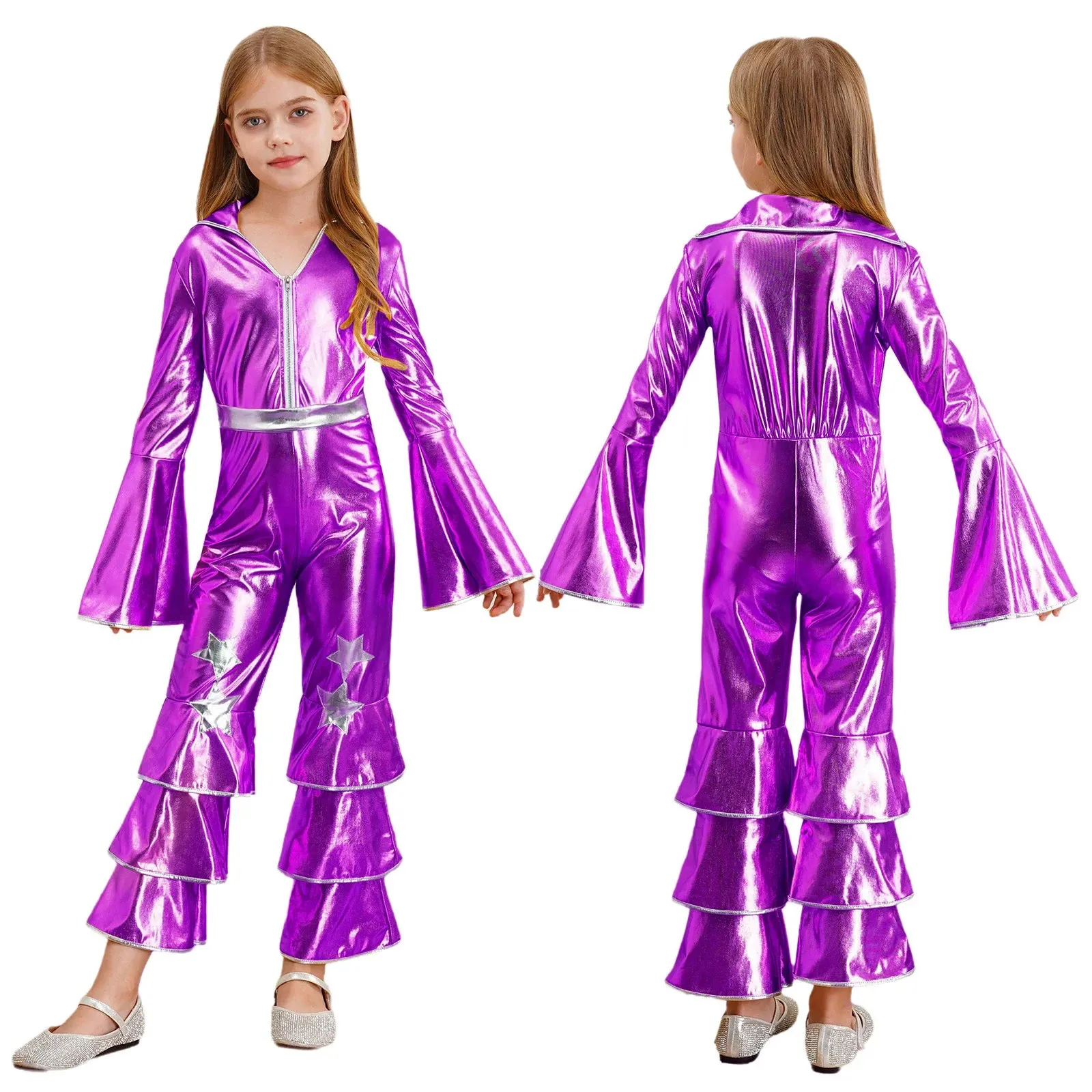 Kids 90s Disco Rock Star Costume Metallic Ruffled Jumpsuit with Bell Sleeves