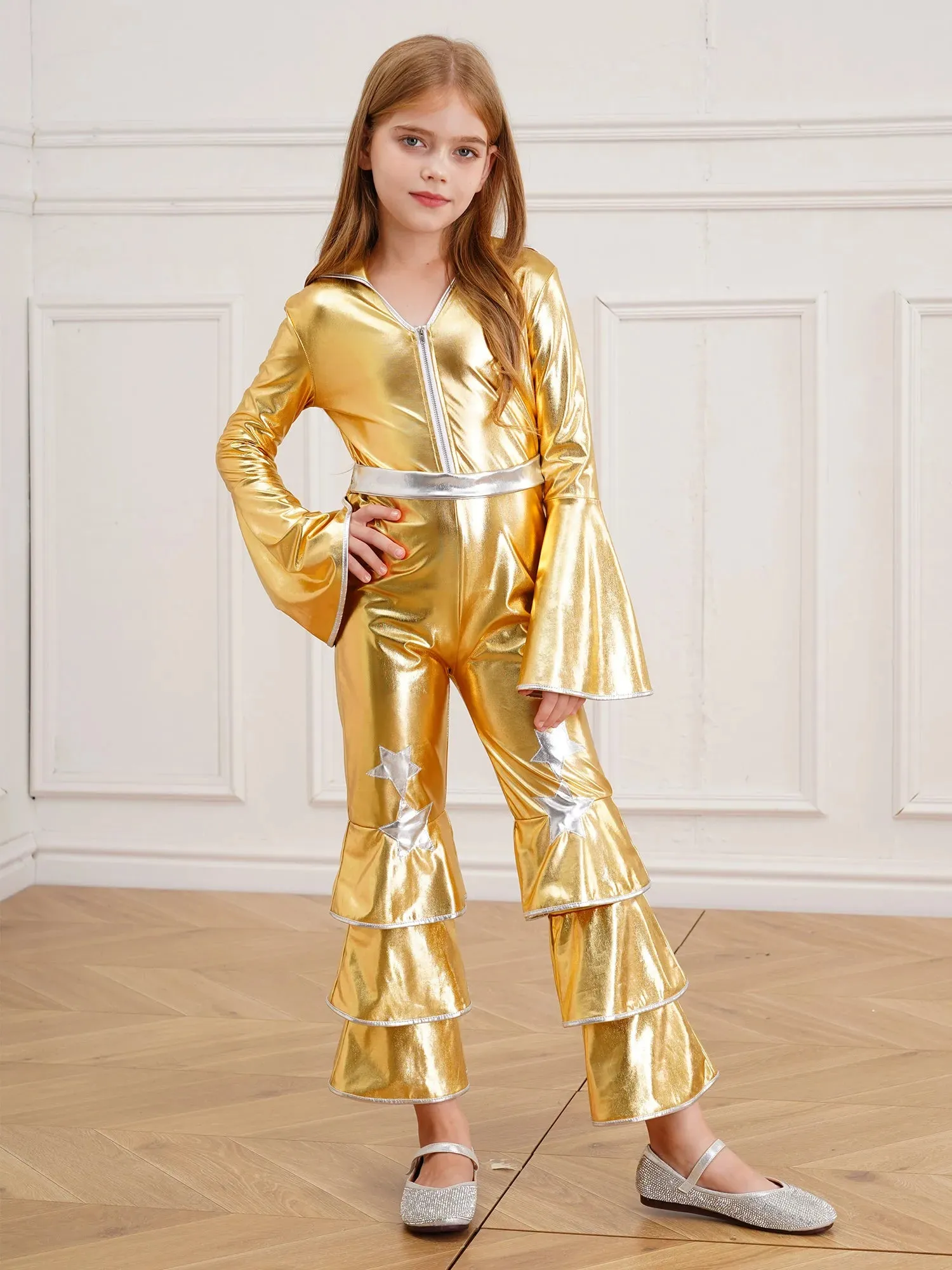 Kids 90s Disco Rock Star Costume Metallic Ruffled Jumpsuit with Bell Sleeves