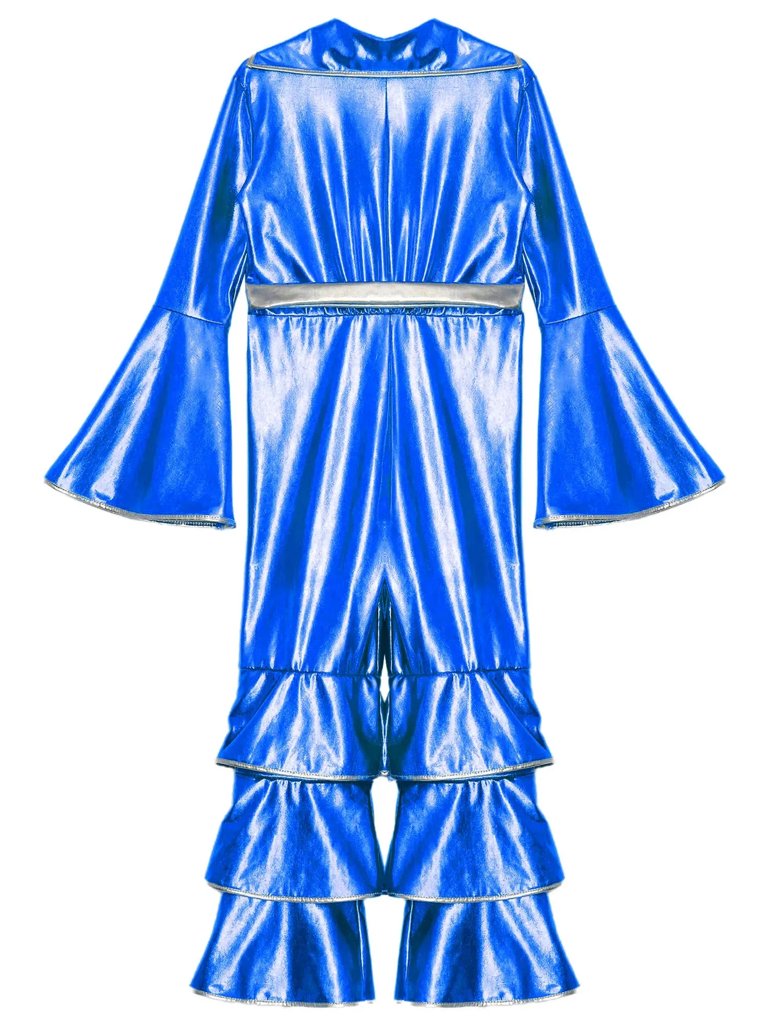 Kids 90s Disco Rock Star Costume Metallic Ruffled Jumpsuit with Bell Sleeves