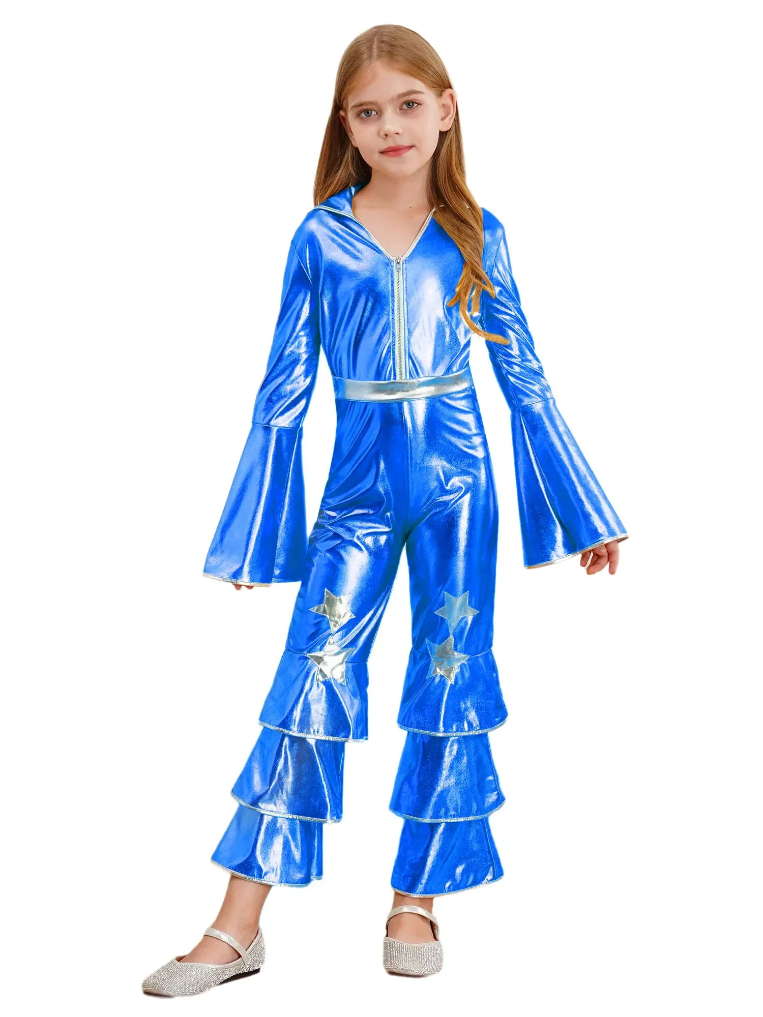 Kids 90s Disco Rock Star Costume Metallic Ruffled Jumpsuit with Bell Sleeves