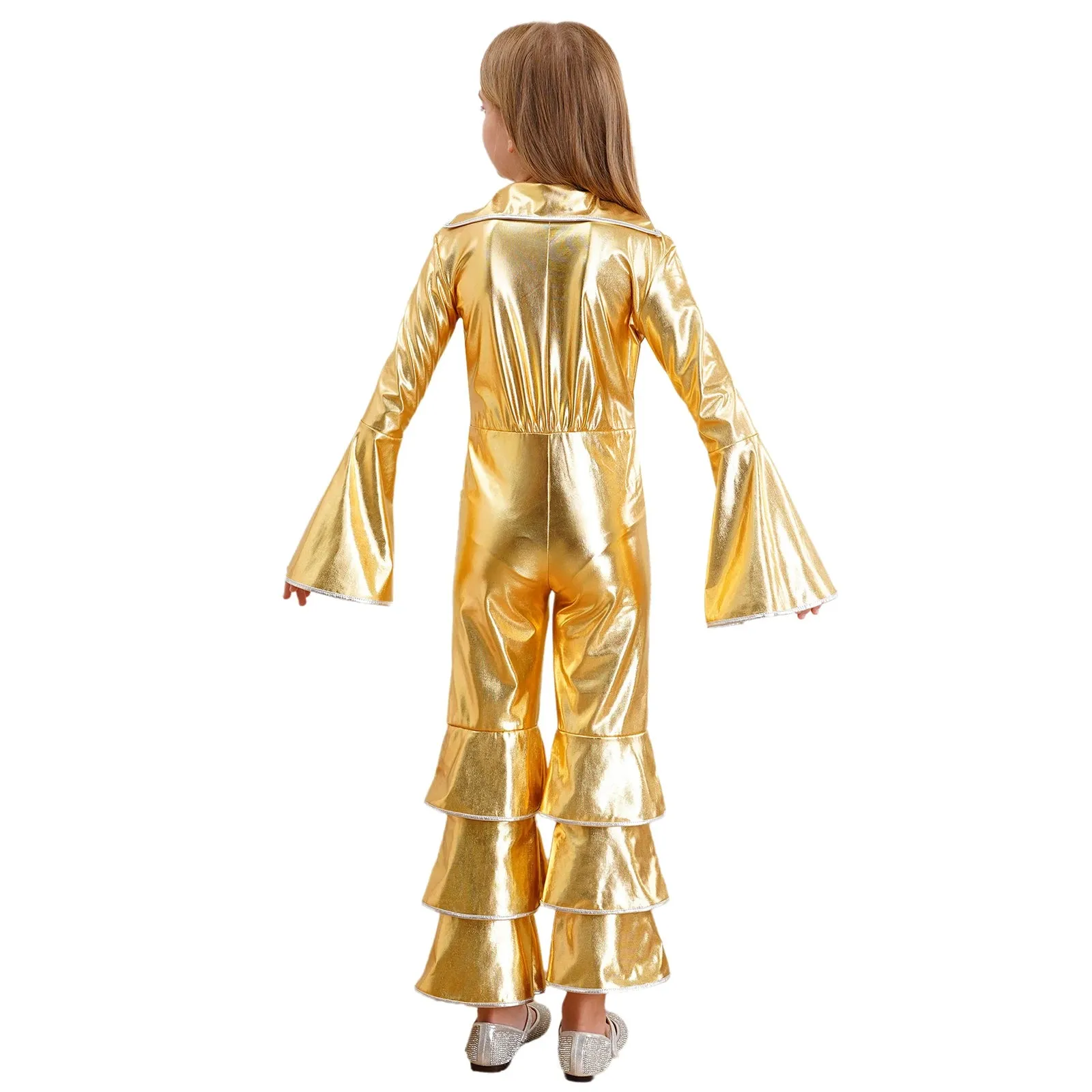 Kids 90s Disco Rock Star Costume Metallic Ruffled Jumpsuit with Bell Sleeves