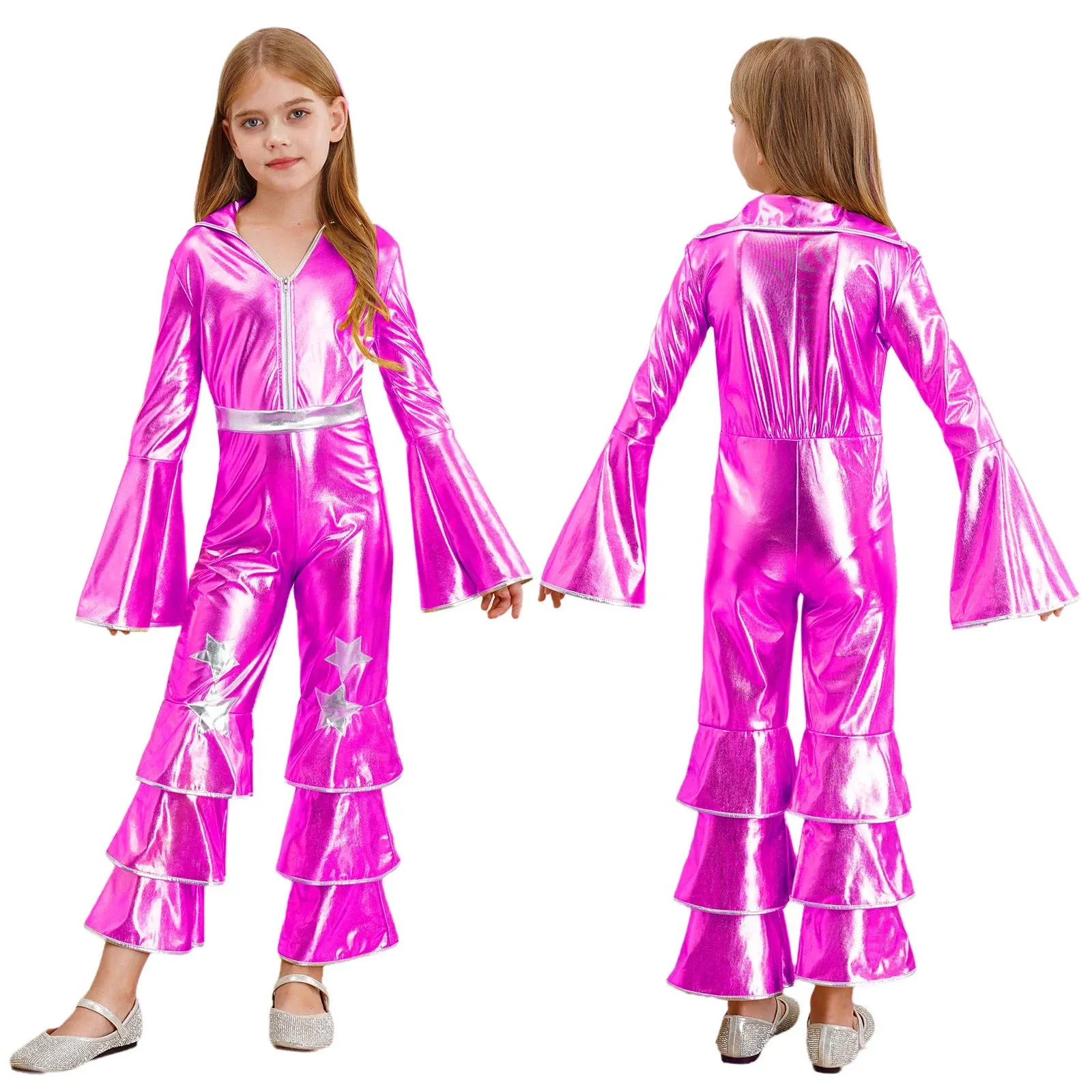 Kids 90s Disco Rock Star Costume Metallic Ruffled Jumpsuit with Bell Sleeves