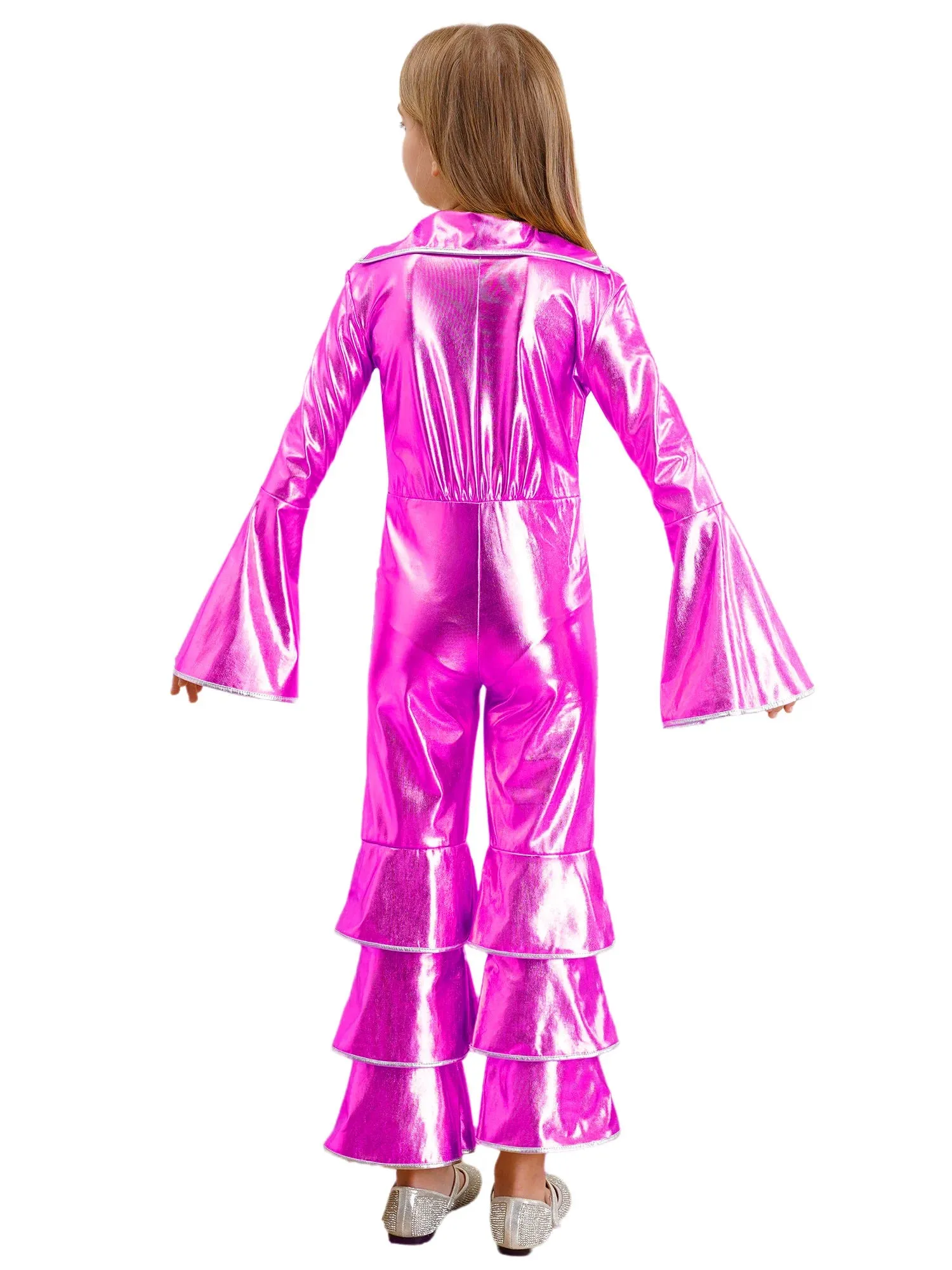 Kids 90s Disco Rock Star Costume Metallic Ruffled Jumpsuit with Bell Sleeves