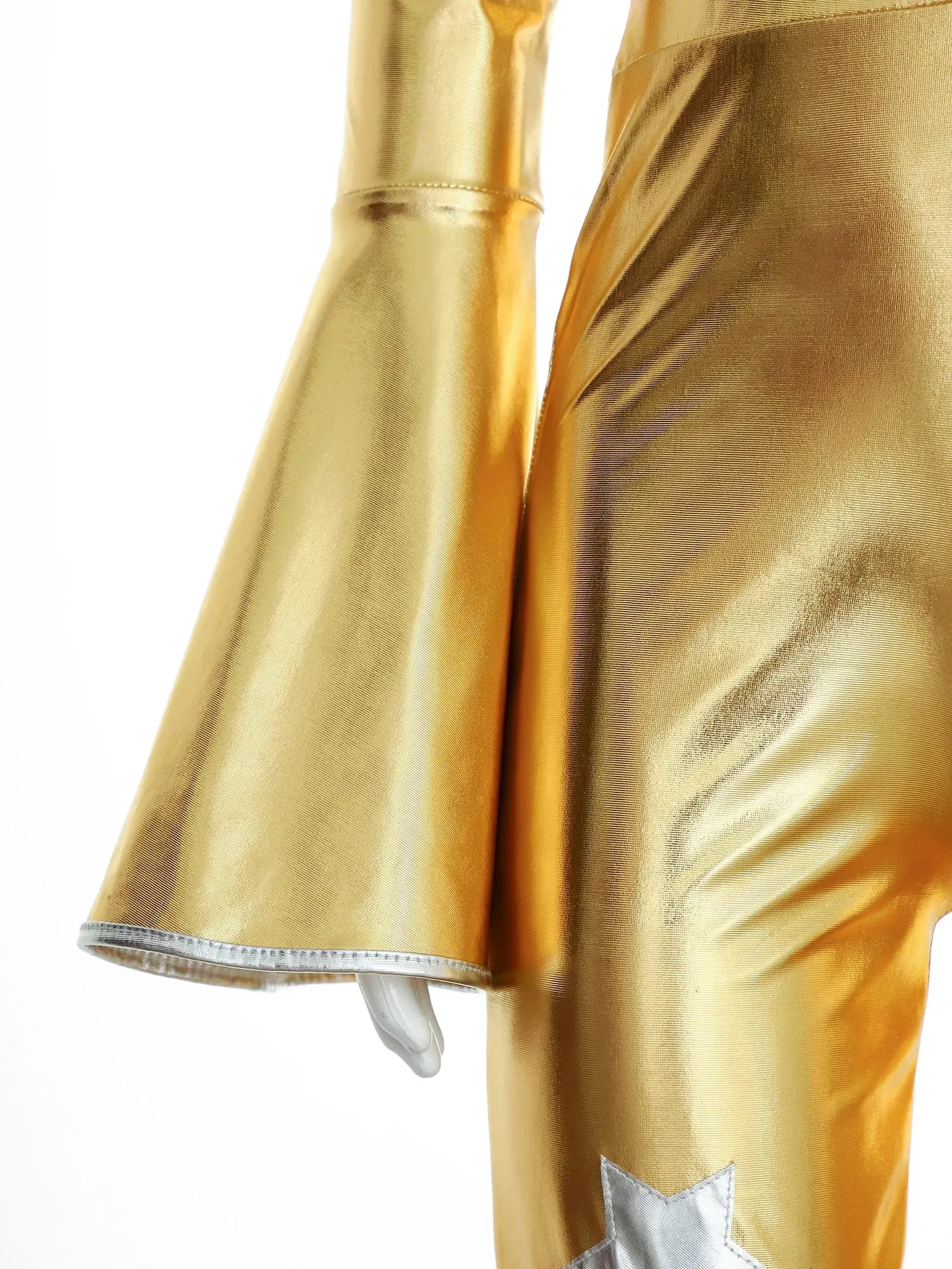 Kids 90s Disco Rock Star Costume Metallic Ruffled Jumpsuit with Bell Sleeves