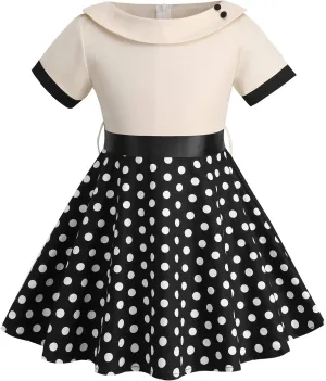 Kids Audrey Vintage 50s Dress for Girls 1950s Polka Dot Dress for Girls Patchwork 50's Style Dresses Short Party Swing Dress