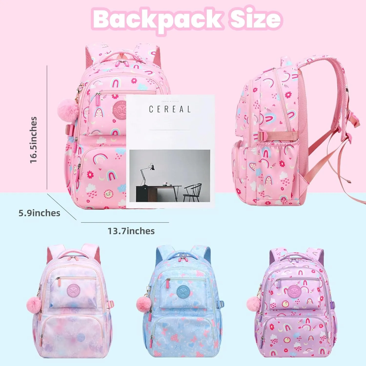 Kids Backpack for Girls,Heart Print Bookbag Elementary School Bag,Cute Daypack With Plush Pendant Lightweight Girls Backpack