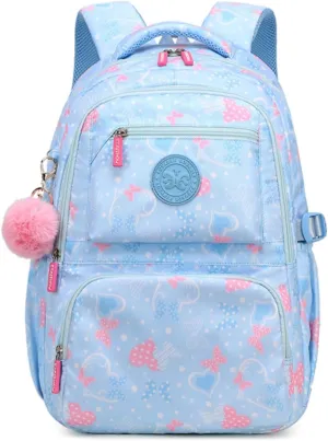 Kids Backpack for Girls,Heart Print Bookbag Elementary School Bag,Cute Daypack With Plush Pendant Lightweight Girls Backpack