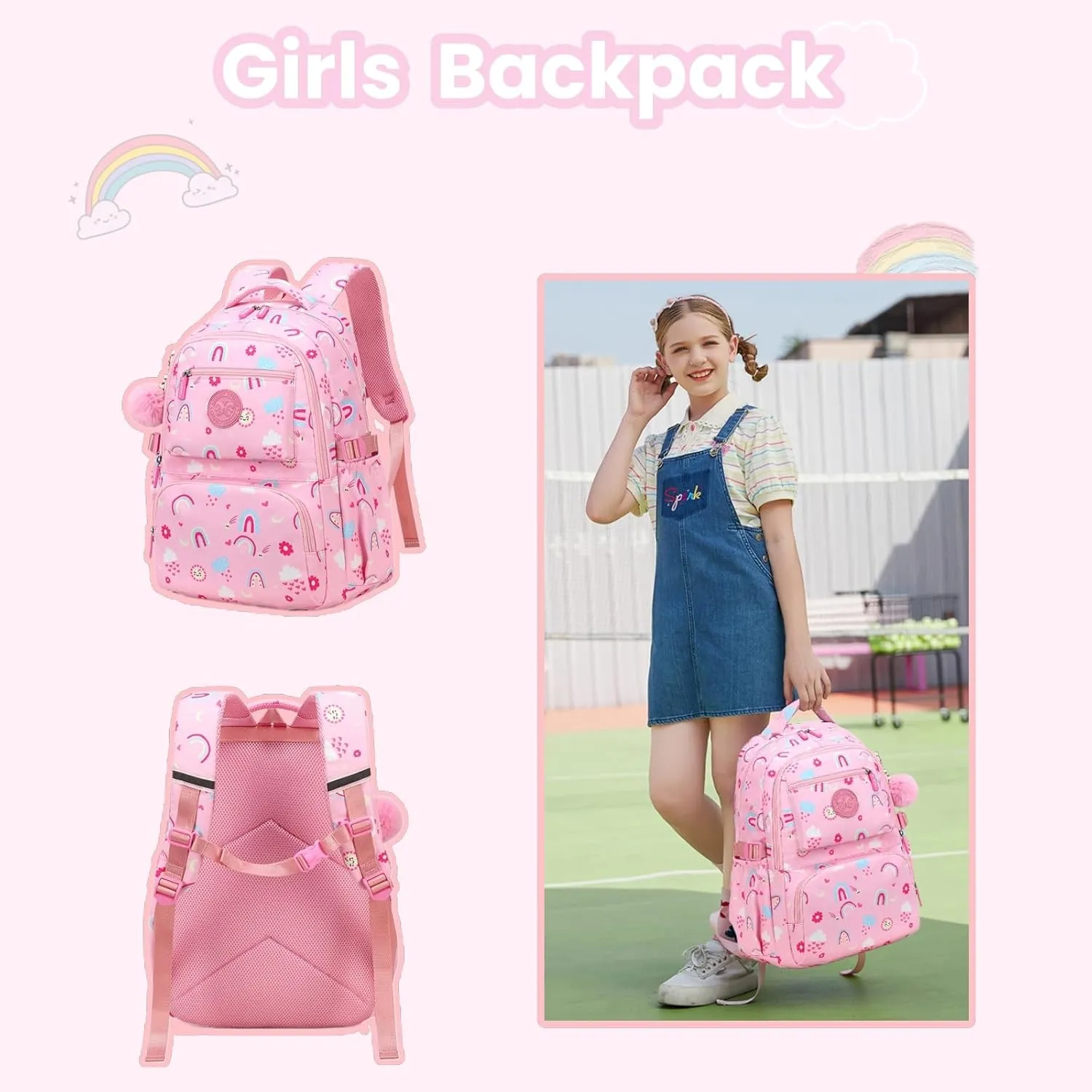 Kids Backpack for Girls,Heart Print Bookbag Elementary School Bag,Cute Daypack With Plush Pendant Lightweight Girls Backpack