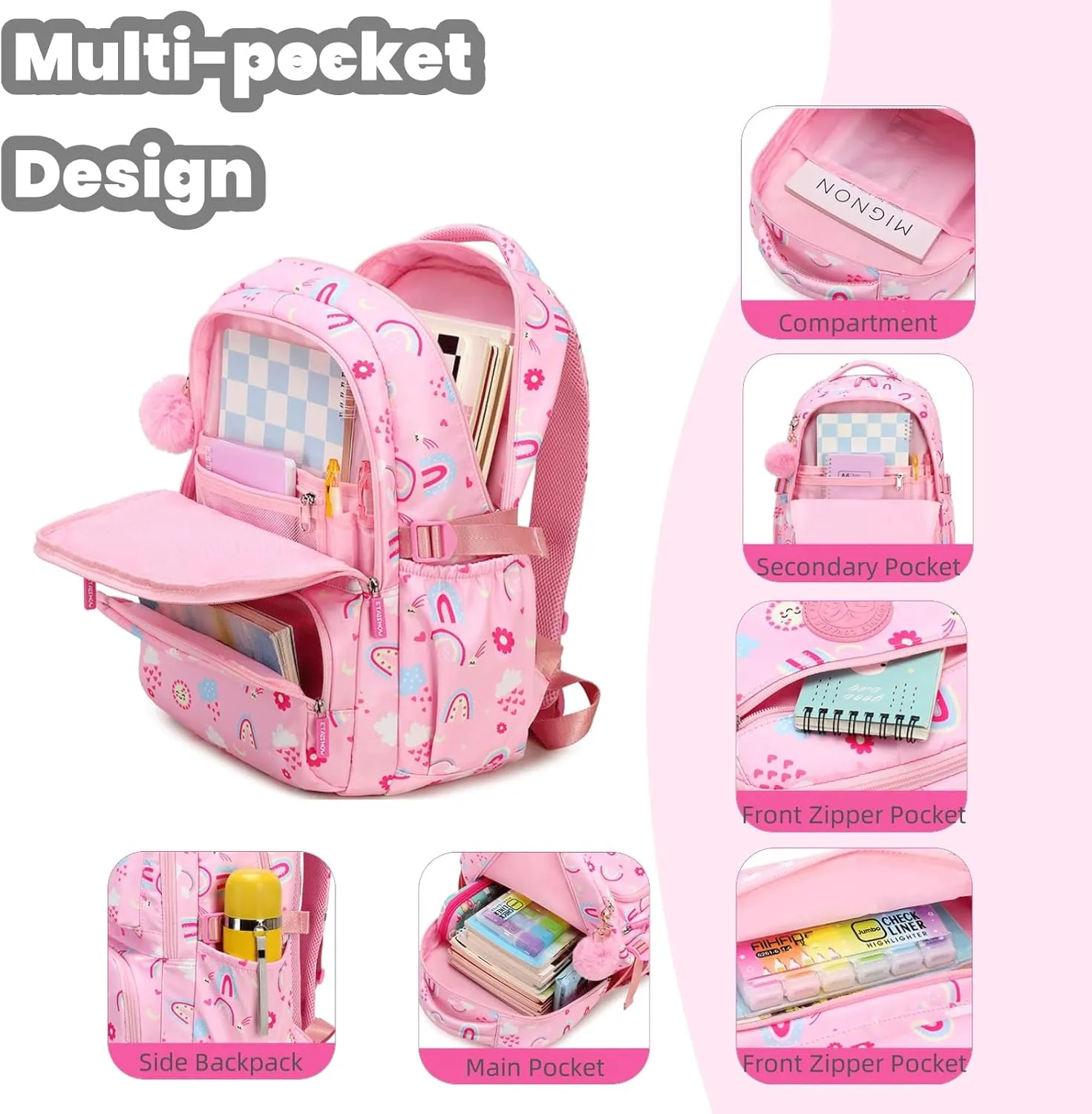 Kids Backpack for Girls,Heart Print Bookbag Elementary School Bag,Cute Daypack With Plush Pendant Lightweight Girls Backpack