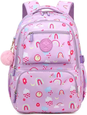 Kids Backpack for Girls,Rainbow Print Bookbag Elementary School Bag,Cute Daypack With Plush Pendant Lightweight Purple Girls Backpack