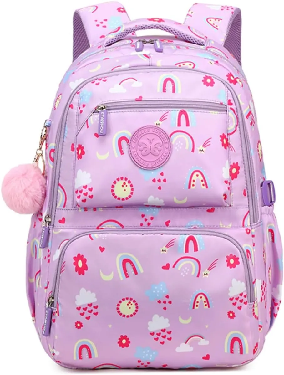 Kids Backpack for Girls,Rainbow Print Bookbag Elementary School Bag,Cute Daypack With Plush Pendant Lightweight Purple Girls Backpack