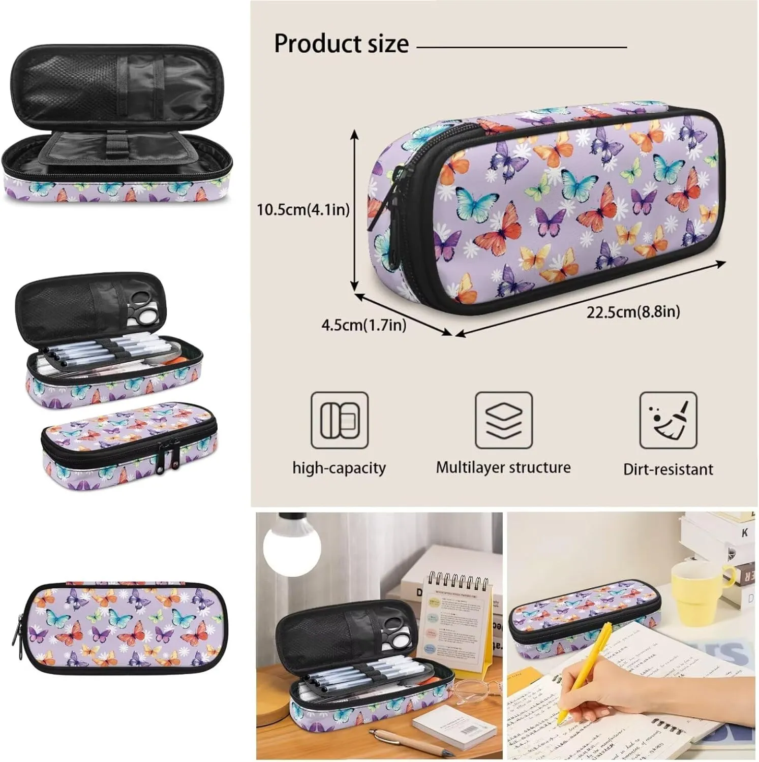 Kids Backpack with Matching Lunch Box for Girls Portable Lightweight Backpack for Elementary Girls 3 Pcs School Bag Set for Middle School Kids Casual Hiking Daypack (Butterfly)