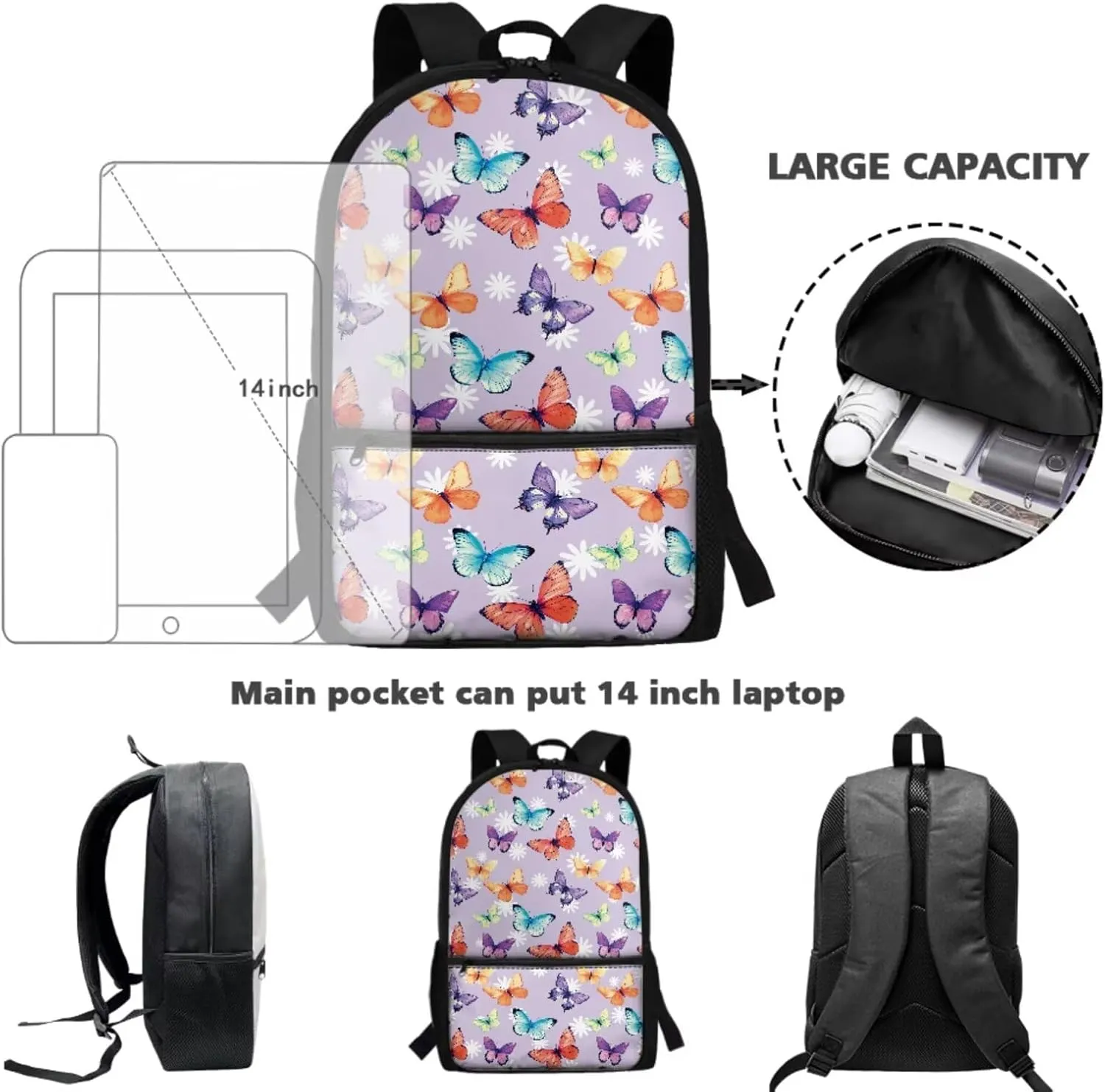 Kids Backpack with Matching Lunch Box for Girls Portable Lightweight Backpack for Elementary Girls 3 Pcs School Bag Set for Middle School Kids Casual Hiking Daypack (Butterfly)