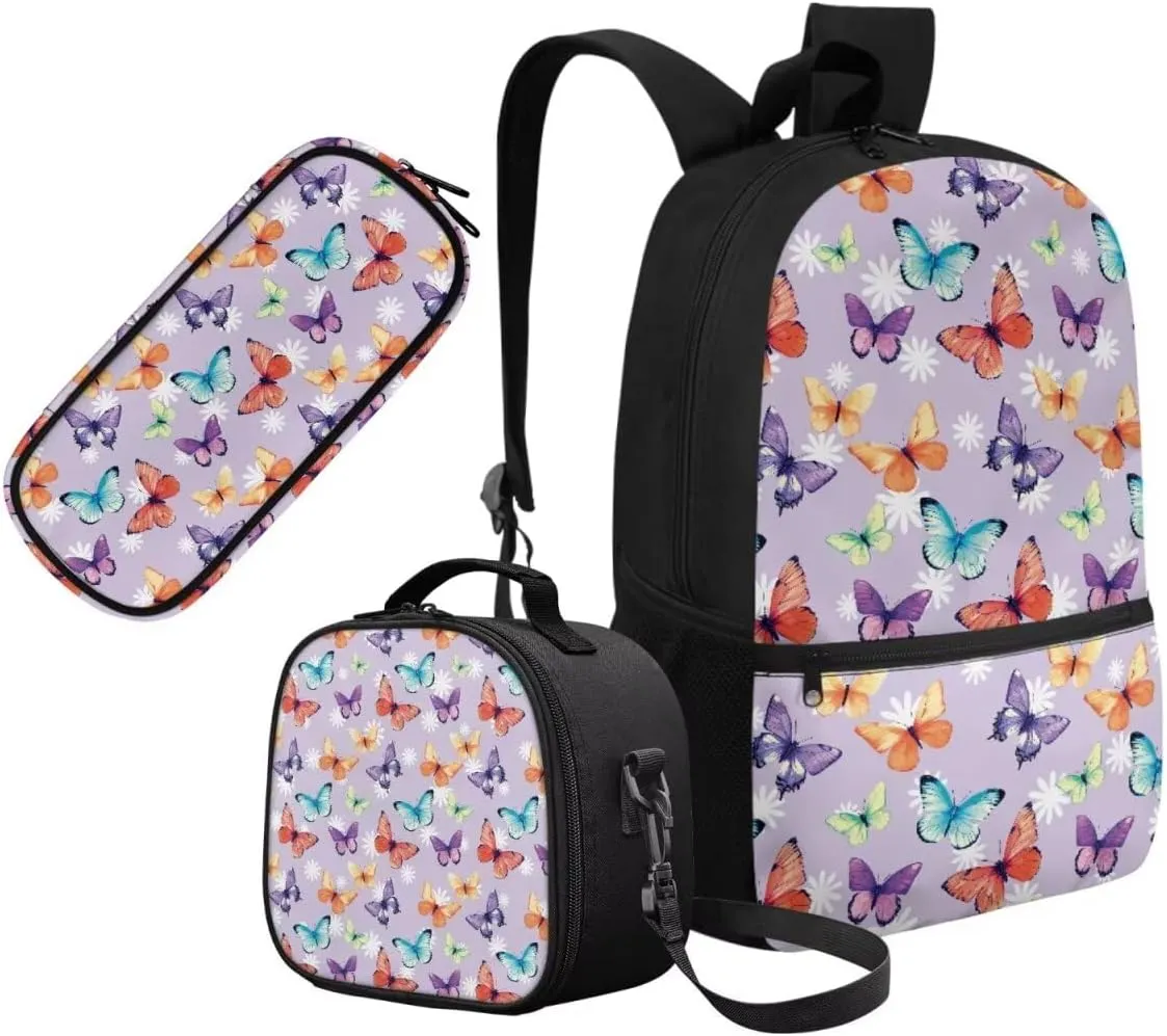 Kids Backpack with Matching Lunch Box for Girls Portable Lightweight Backpack for Elementary Girls 3 Pcs School Bag Set for Middle School Kids Casual Hiking Daypack (Butterfly)