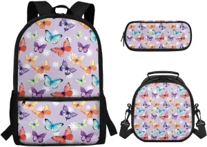 Kids Backpack with Matching Lunch Box for Girls Portable Lightweight Backpack for Elementary Girls 3 Pcs School Bag Set for Middle School Kids Casual Hiking Daypack (Butterfly)