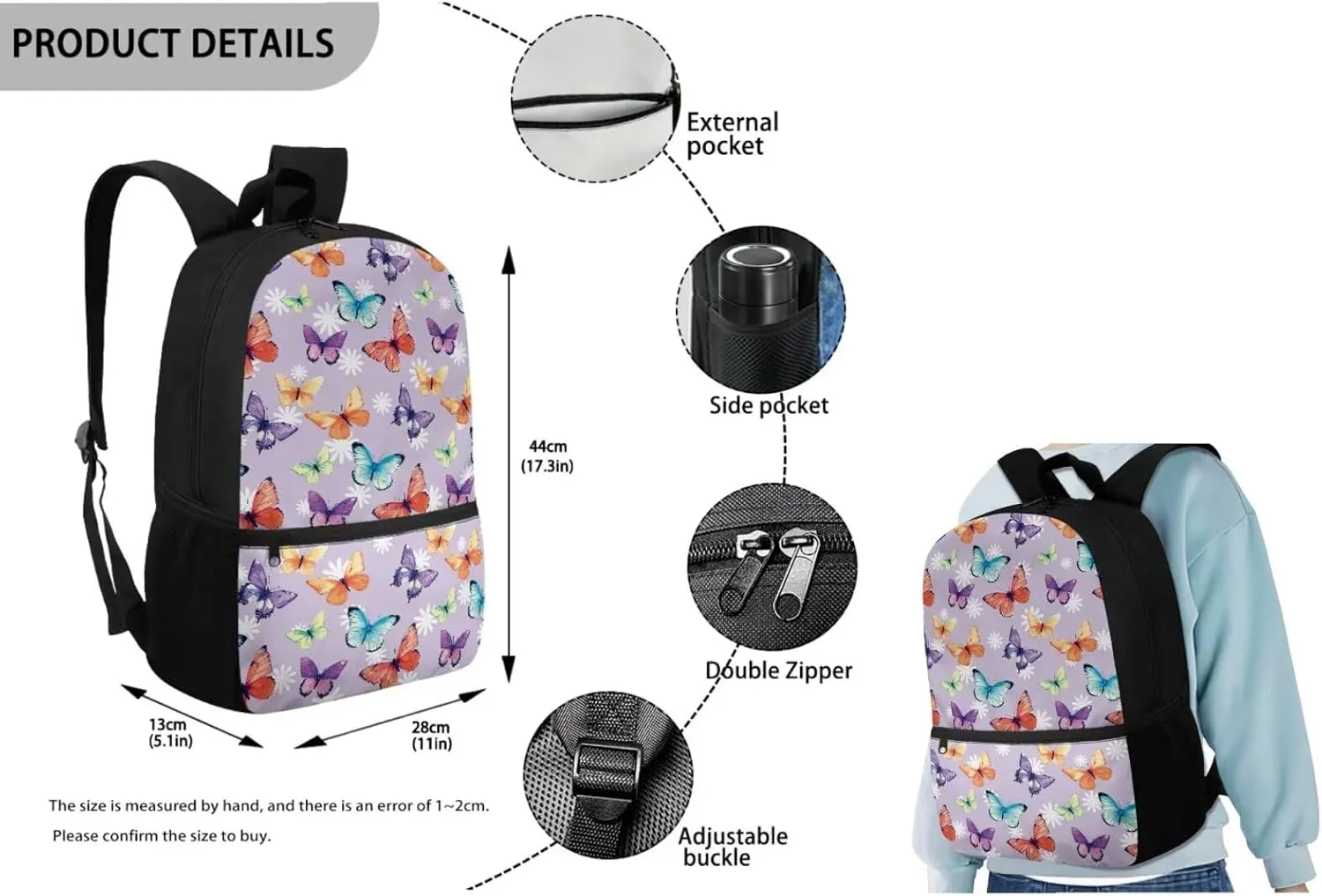 Kids Backpack with Matching Lunch Box for Girls Portable Lightweight Backpack for Elementary Girls 3 Pcs School Bag Set for Middle School Kids Casual Hiking Daypack (Butterfly)