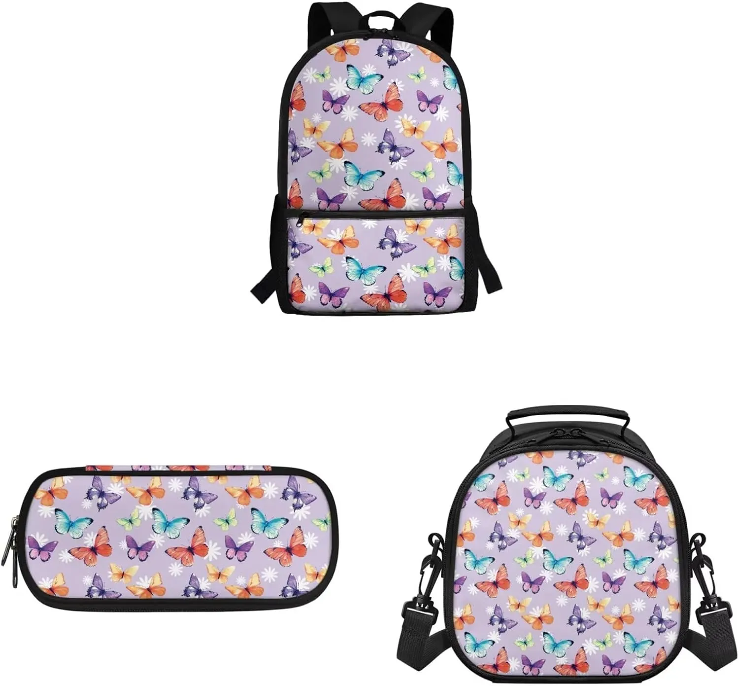 Kids Backpack with Matching Lunch Box for Girls Portable Lightweight Backpack for Elementary Girls 3 Pcs School Bag Set for Middle School Kids Casual Hiking Daypack (Butterfly)