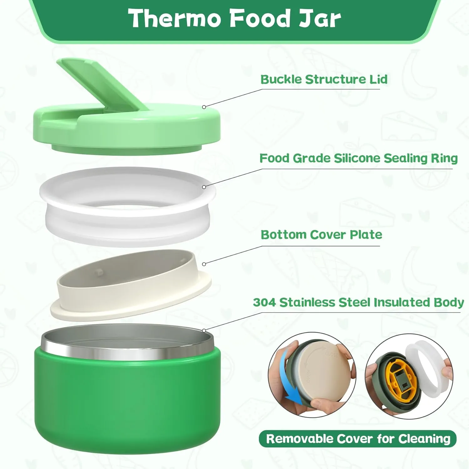 Kids Bento Lunch Box with 8oz Soup Thermo, Kids Leakproof Lunch Food Containers with 4 Compartment,Insulated Hot Food Jar with Lunch Bag for School, Trvael (Green)
