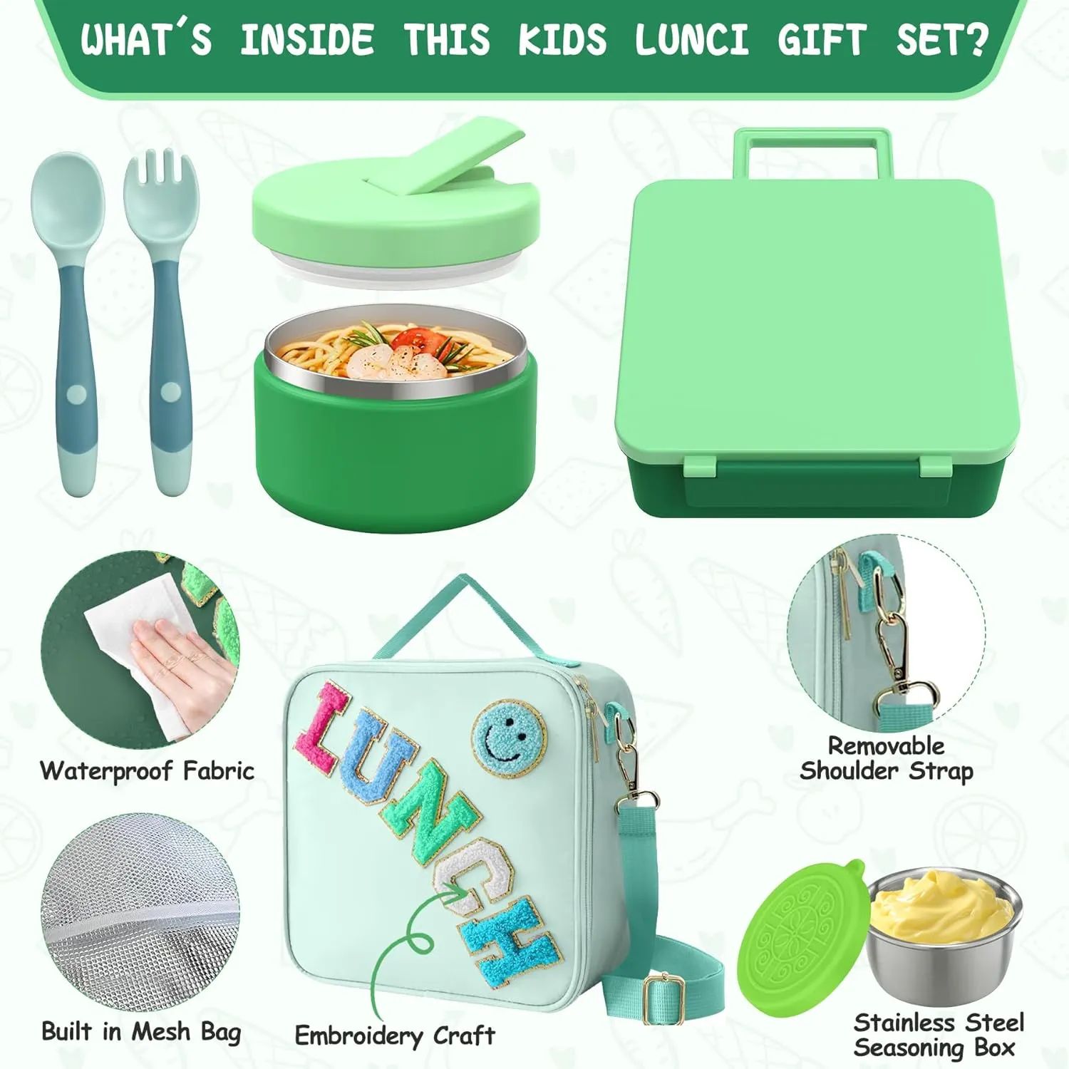 Kids Bento Lunch Box with 8oz Soup Thermo, Kids Leakproof Lunch Food Containers with 4 Compartment,Insulated Hot Food Jar with Lunch Bag for School, Trvael (Green)