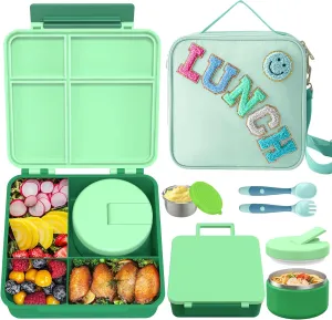 Kids Bento Lunch Box with 8oz Soup Thermo, Kids Leakproof Lunch Food Containers with 4 Compartment,Insulated Hot Food Jar with Lunch Bag for School, Trvael (Green)
