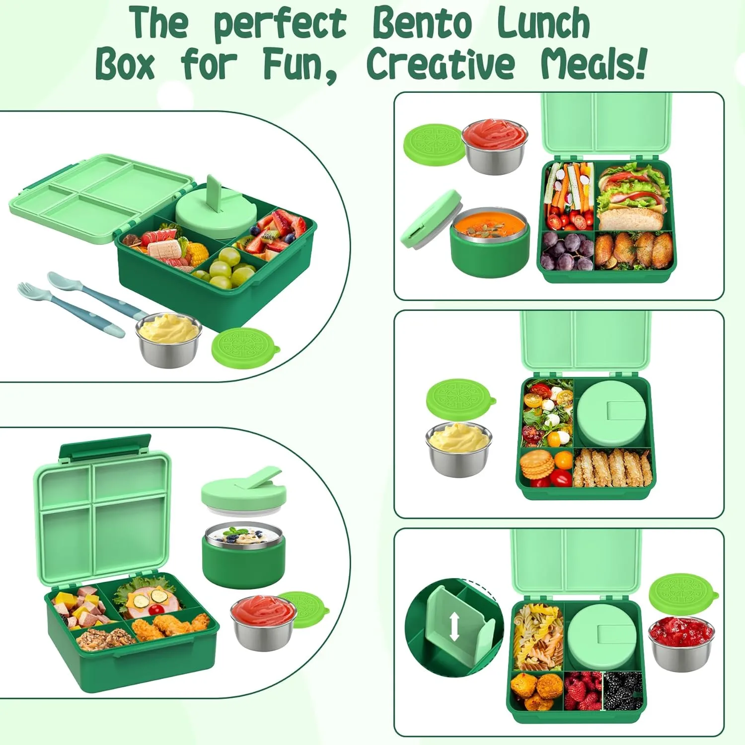 Kids Bento Lunch Box with 8oz Soup Thermo, Kids Leakproof Lunch Food Containers with 4 Compartment,Insulated Hot Food Jar with Lunch Bag for School, Trvael (Green)