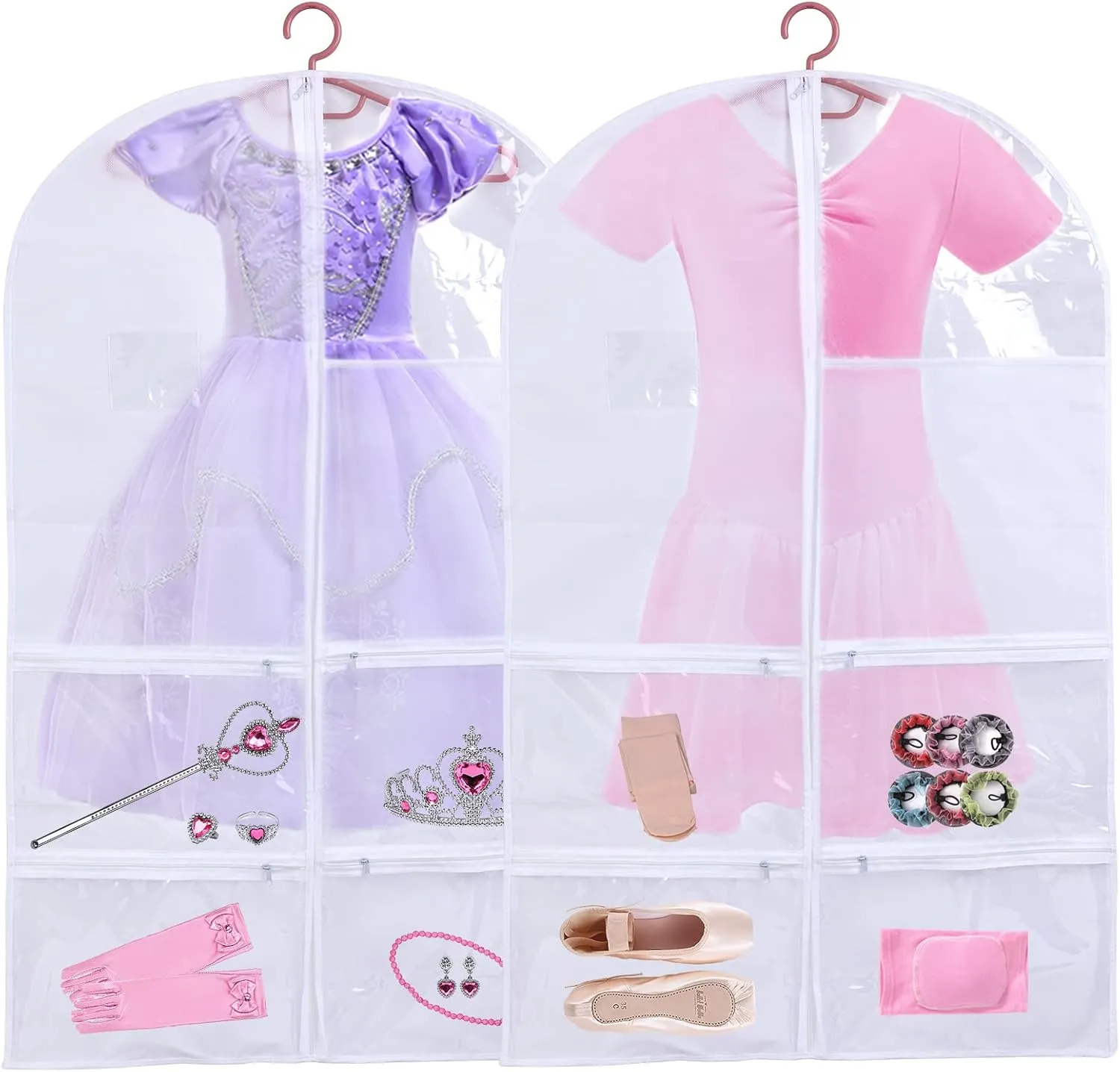 Kids Garment Bags for Dance Costumes, Hanging Dance Garment Bag with Multiple Pockets, Clear Storage Bags Organize Girls Dance Competitions Dress, Dance Recitals, Ballet Costume, Beauty Pageants, 2Pcs