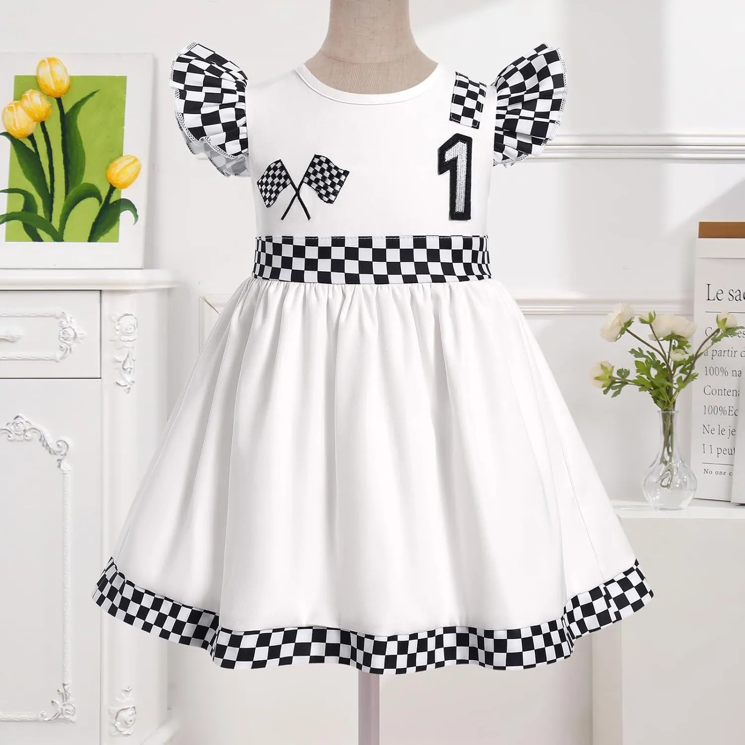 Kids Girls 1st 2nd Birthday Outfit Race Car Driver Costume Flutter Sleeve Ruffle Racer Dress Toddler Racing Suit Cake Smash