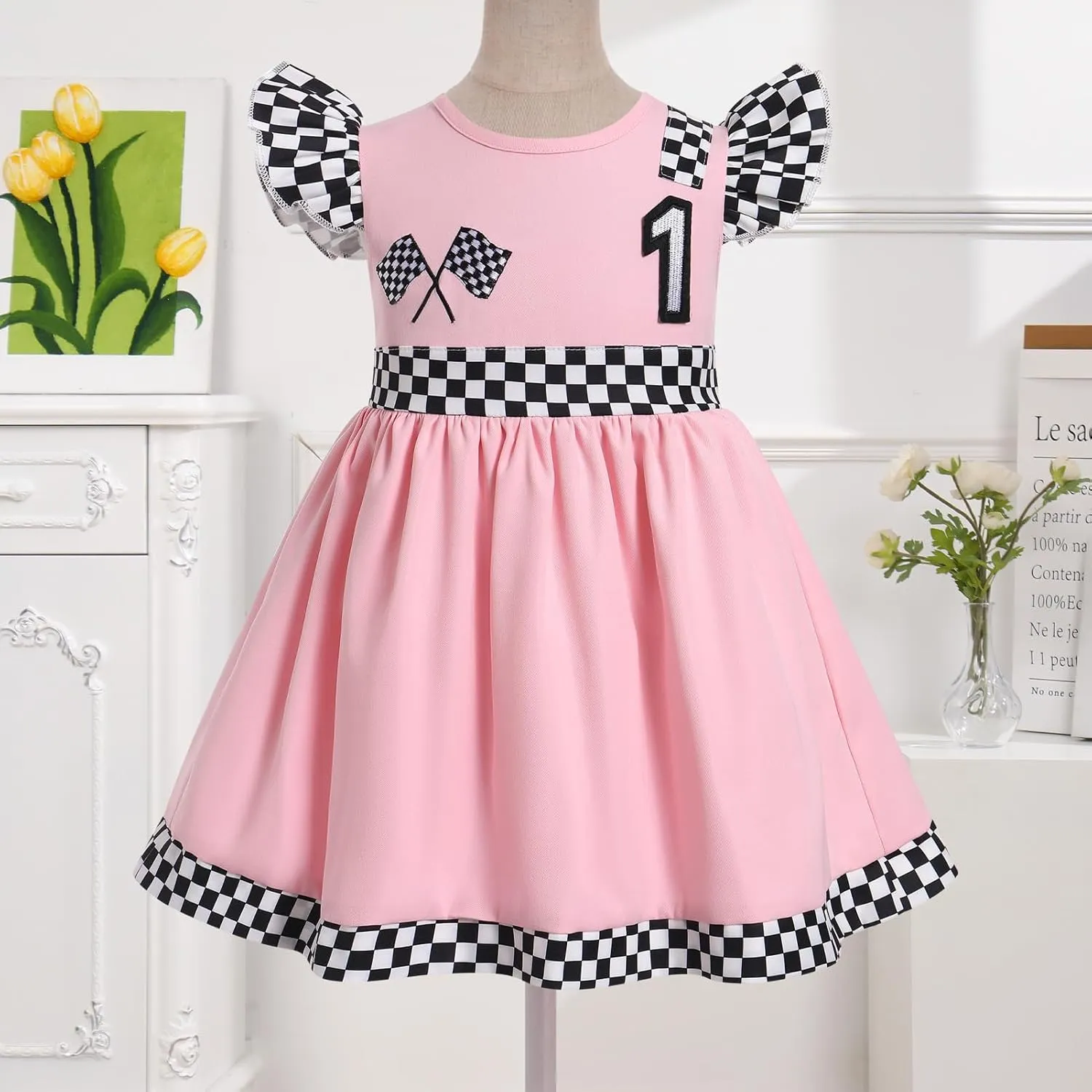 Kids Girls 1st 2nd Birthday Outfit Race Car Driver Costume Flutter Sleeve Ruffle Racer Dress Toddler Racing Suit Cake Smash