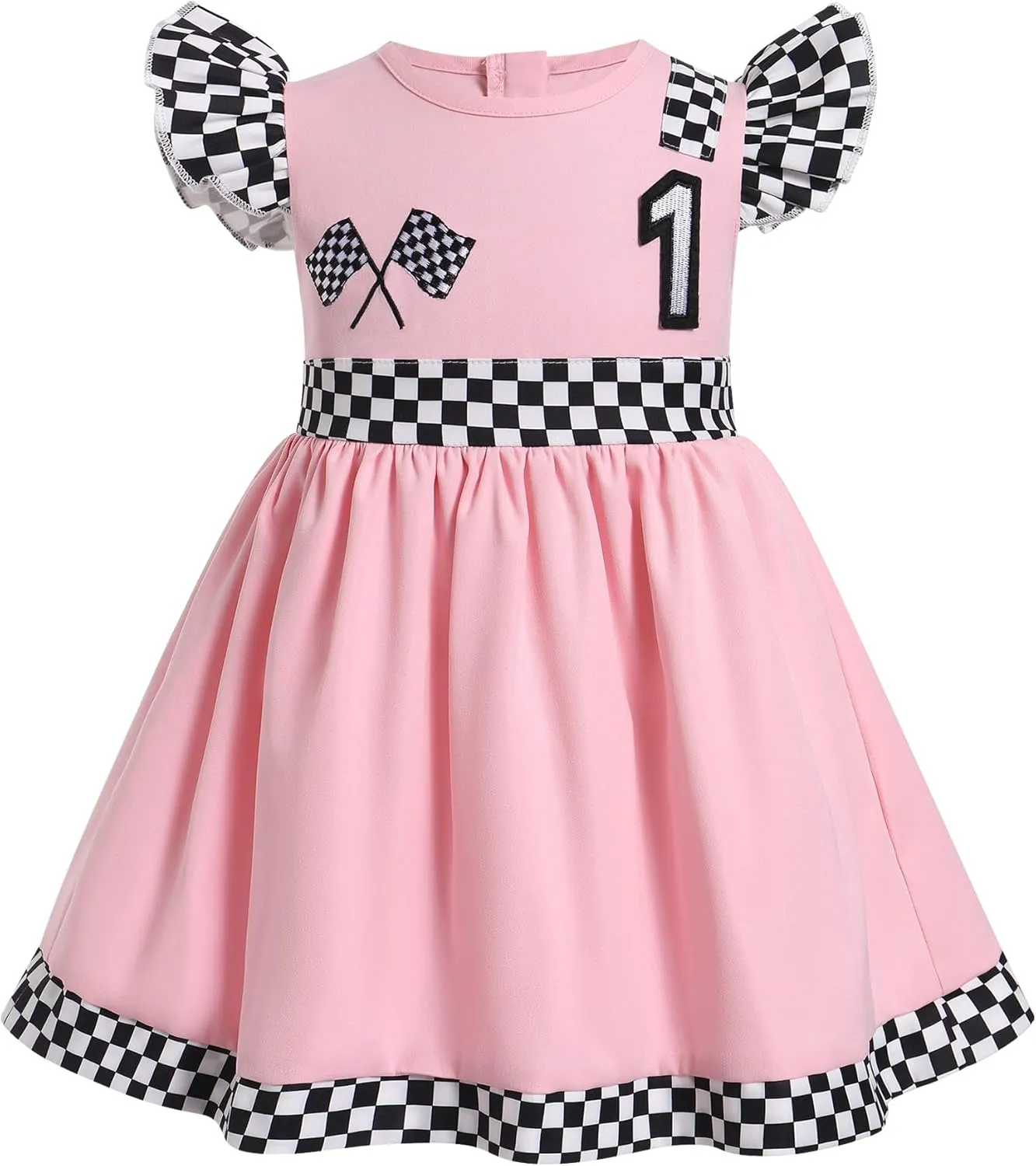 Kids Girls 1st 2nd Birthday Outfit Race Car Driver Costume Flutter Sleeve Ruffle Racer Dress Toddler Racing Suit Cake Smash