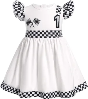 Kids Girls 1st 2nd Birthday Outfit Race Car Driver Costume Flutter Sleeve Ruffle Racer Dress Toddler Racing Suit Cake Smash