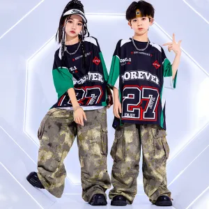 Kids Girls Hiphop Jazz Dance Costume Rapper Singers Music Band Gogo Dance Street Costumes Camo Cargo Pants for Boys Girls