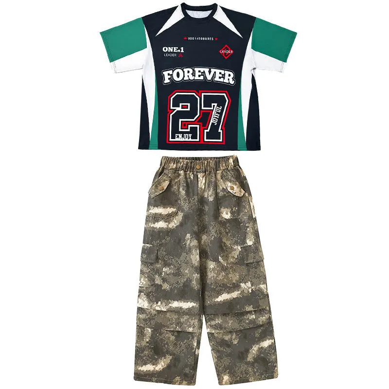 Kids Girls Hiphop Jazz Dance Costume Rapper Singers Music Band Gogo Dance Street Costumes Camo Cargo Pants for Boys Girls