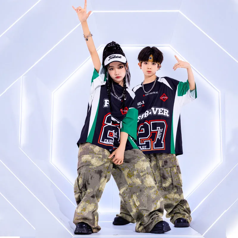 Kids Girls Hiphop Jazz Dance Costume Rapper Singers Music Band Gogo Dance Street Costumes Camo Cargo Pants for Boys Girls