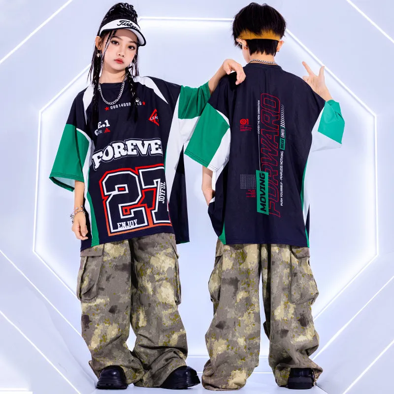 Kids Girls Hiphop Jazz Dance Costume Rapper Singers Music Band Gogo Dance Street Costumes Camo Cargo Pants for Boys Girls