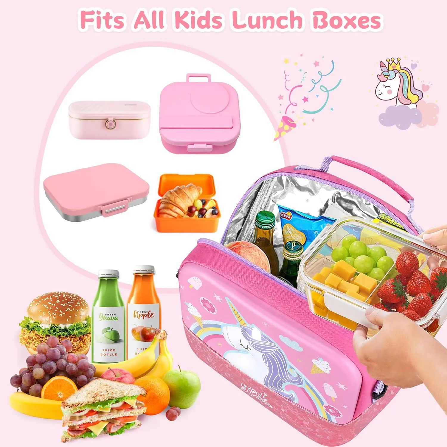Kids Lunch Bag, Durable Insulated Lunch Bag for Girls, Boys, Washable Lunch Box Bag With Adjustable Shoulder Strap, Reusable Bento Bag for School Picnic & Travel (Unicorn)